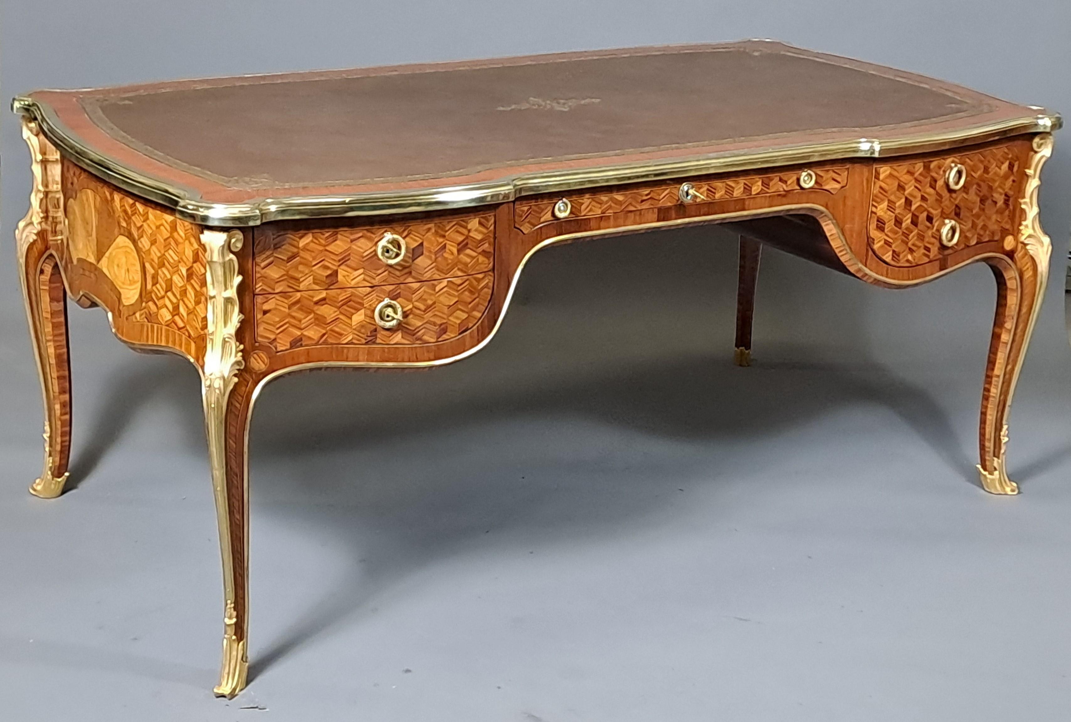 Bronze Large Transitional Style Bureau Plat  After Oeben For Sale