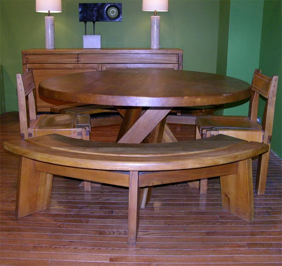 Beautiful set including oak dining table with swirl leg base, two benches and two side chairs with original leather.