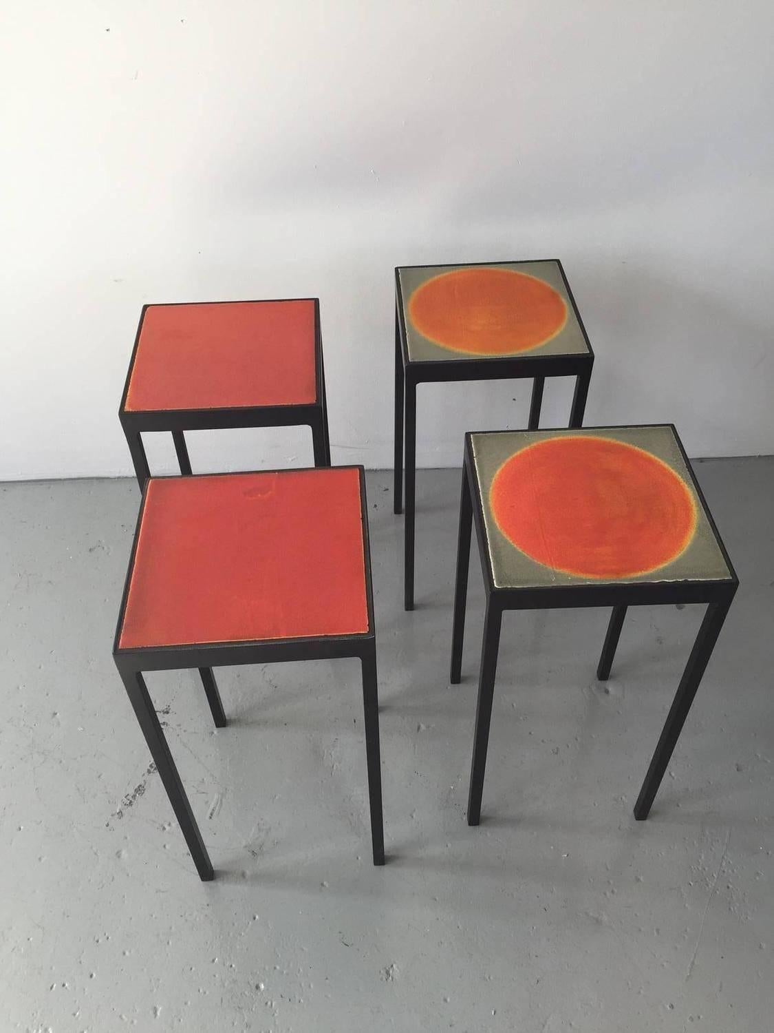 Exclusively from Gueridon, these tables are feature painted steel frames and a vintage lava tile from Roger Capron. Each tile is unique, hand-glazed and varied in color and texture. 

Custom tables available upon request.- Client can pick the tiles