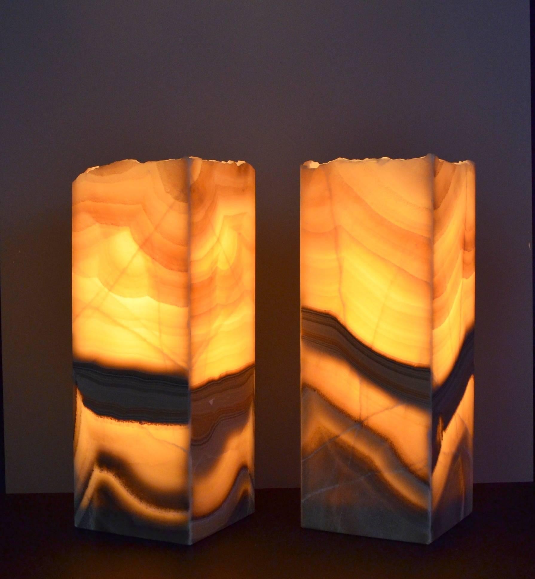 Onyx square base ambient lamps with a rough natural edge.