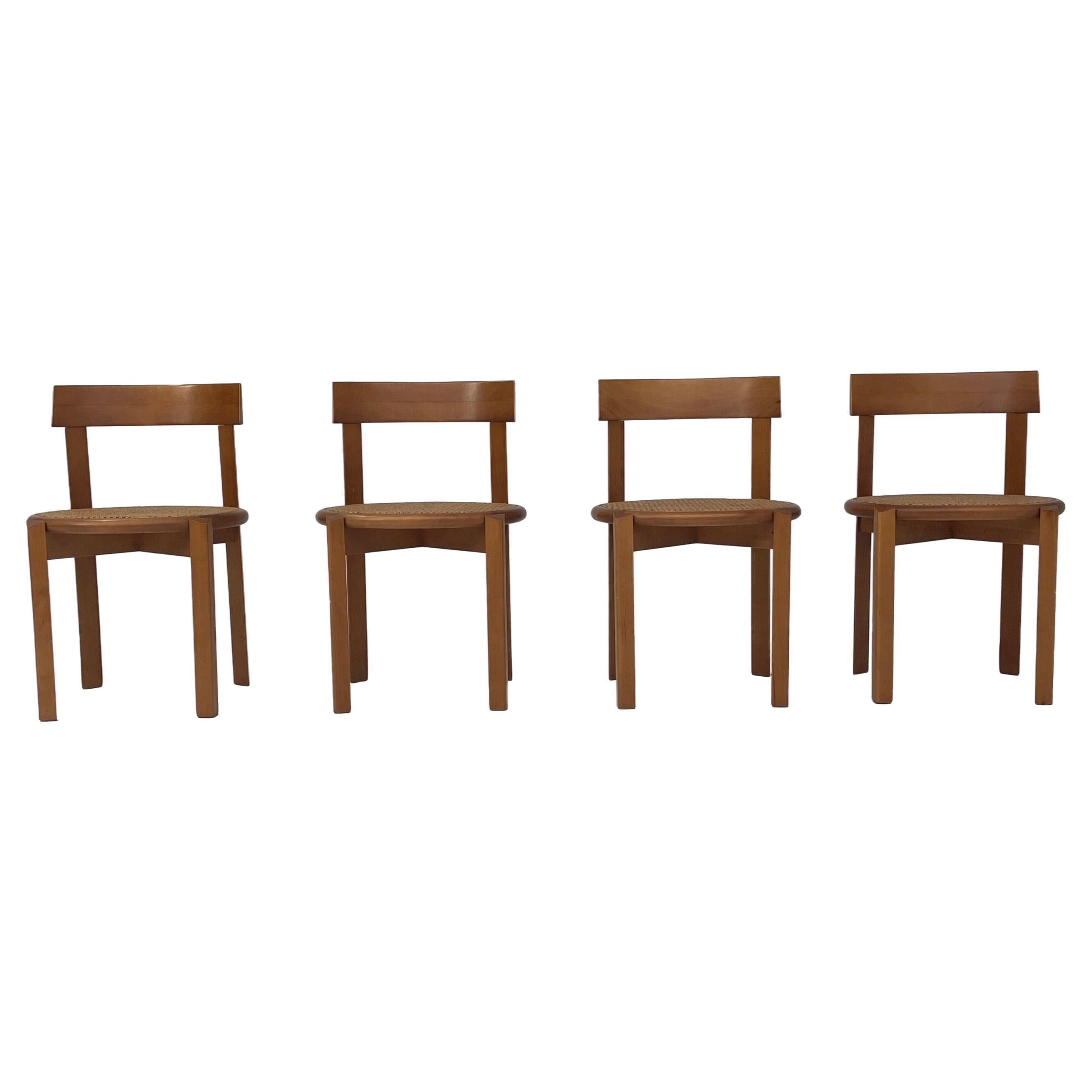 4 Italian wooden dining chairs with rattan seating at 1stDibs