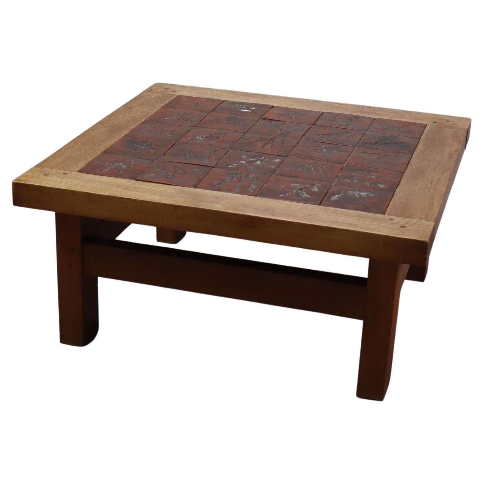 Mid-Century botanical ceramic tile coffee table in Oak, 1960s For Sale