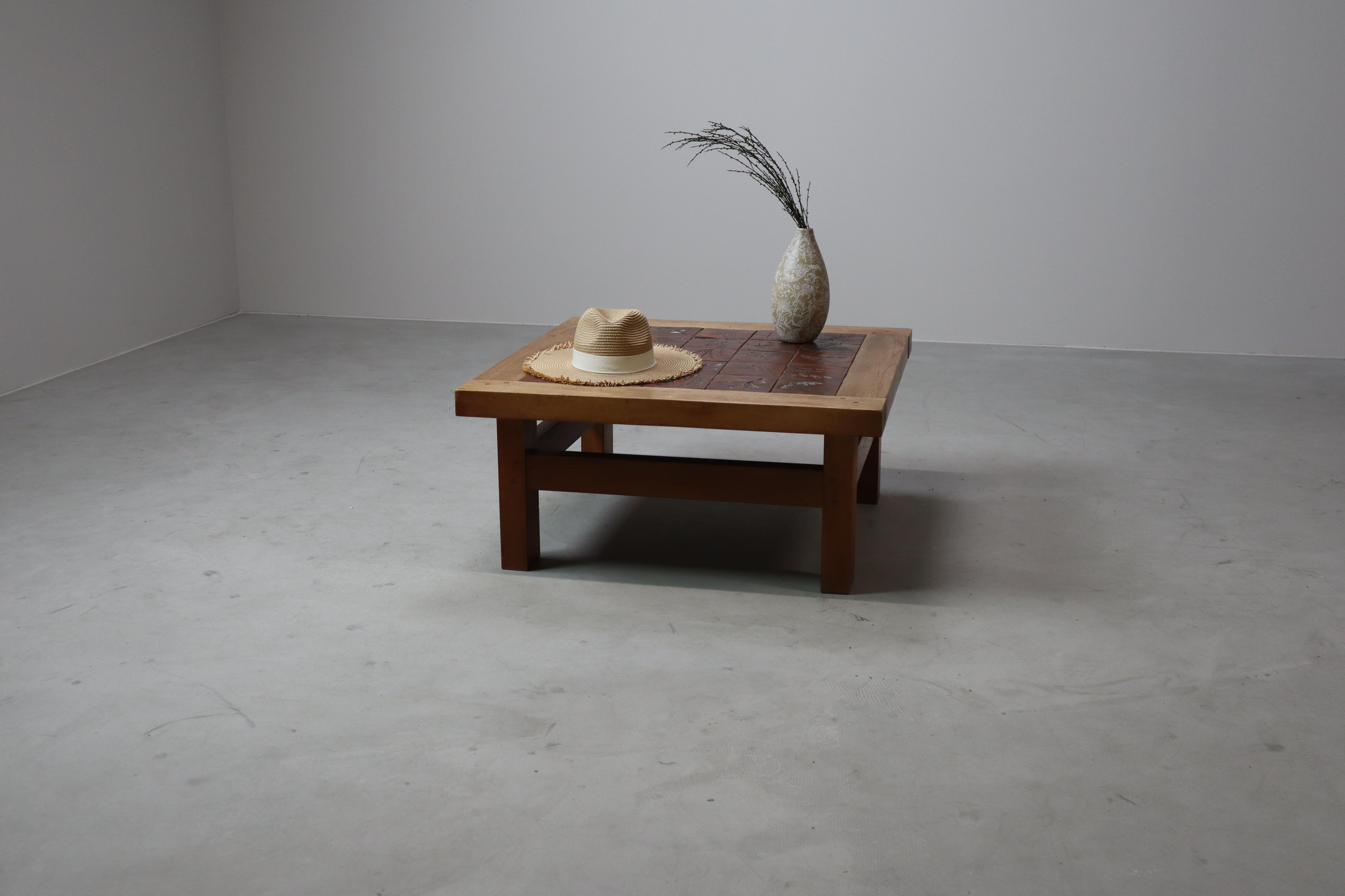 French Mid-Century botanical ceramic tile coffee table in Oak, 1960s For Sale