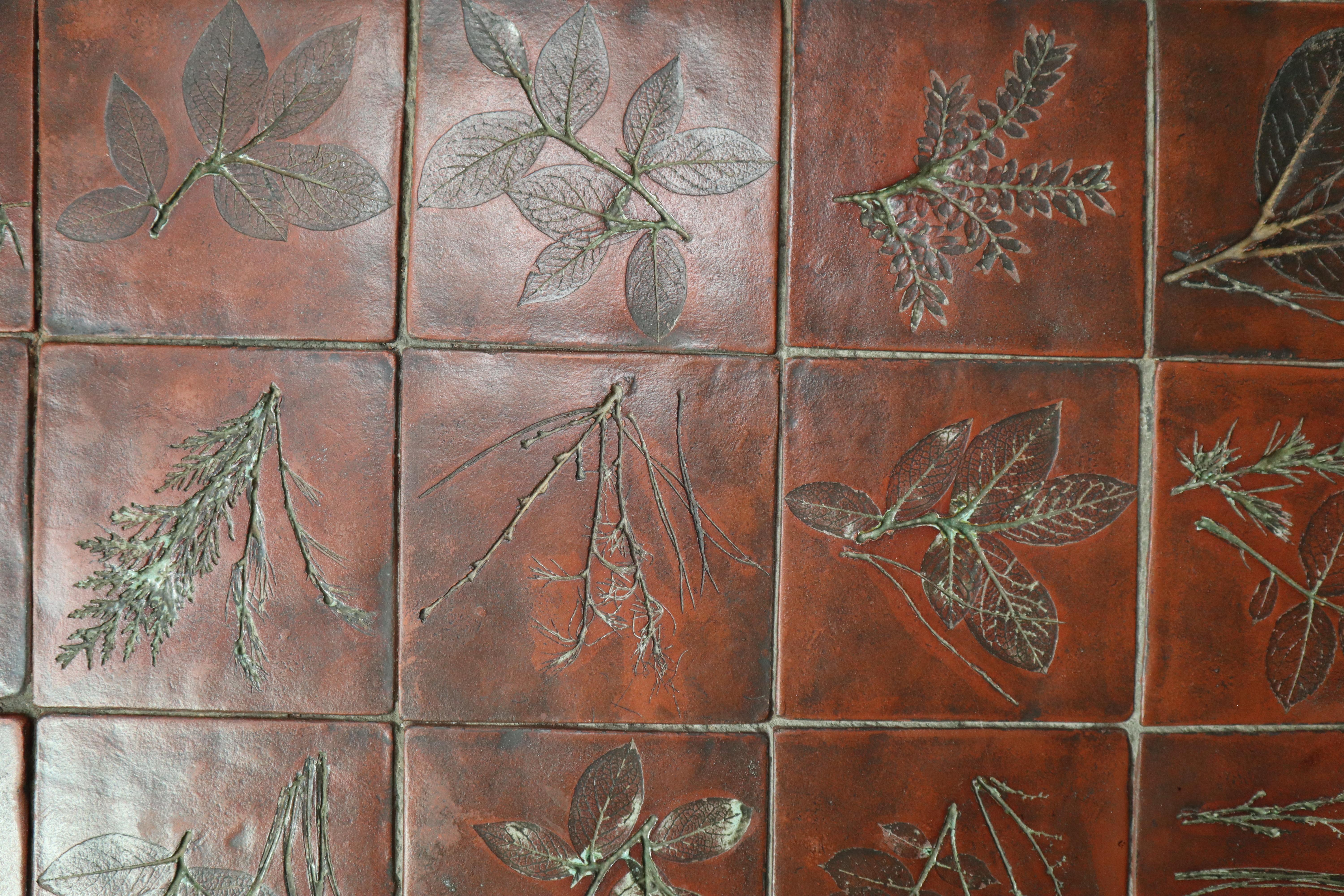 Brutalist Mid-Century botanical ceramic tile coffee table in Oak, 1960s For Sale