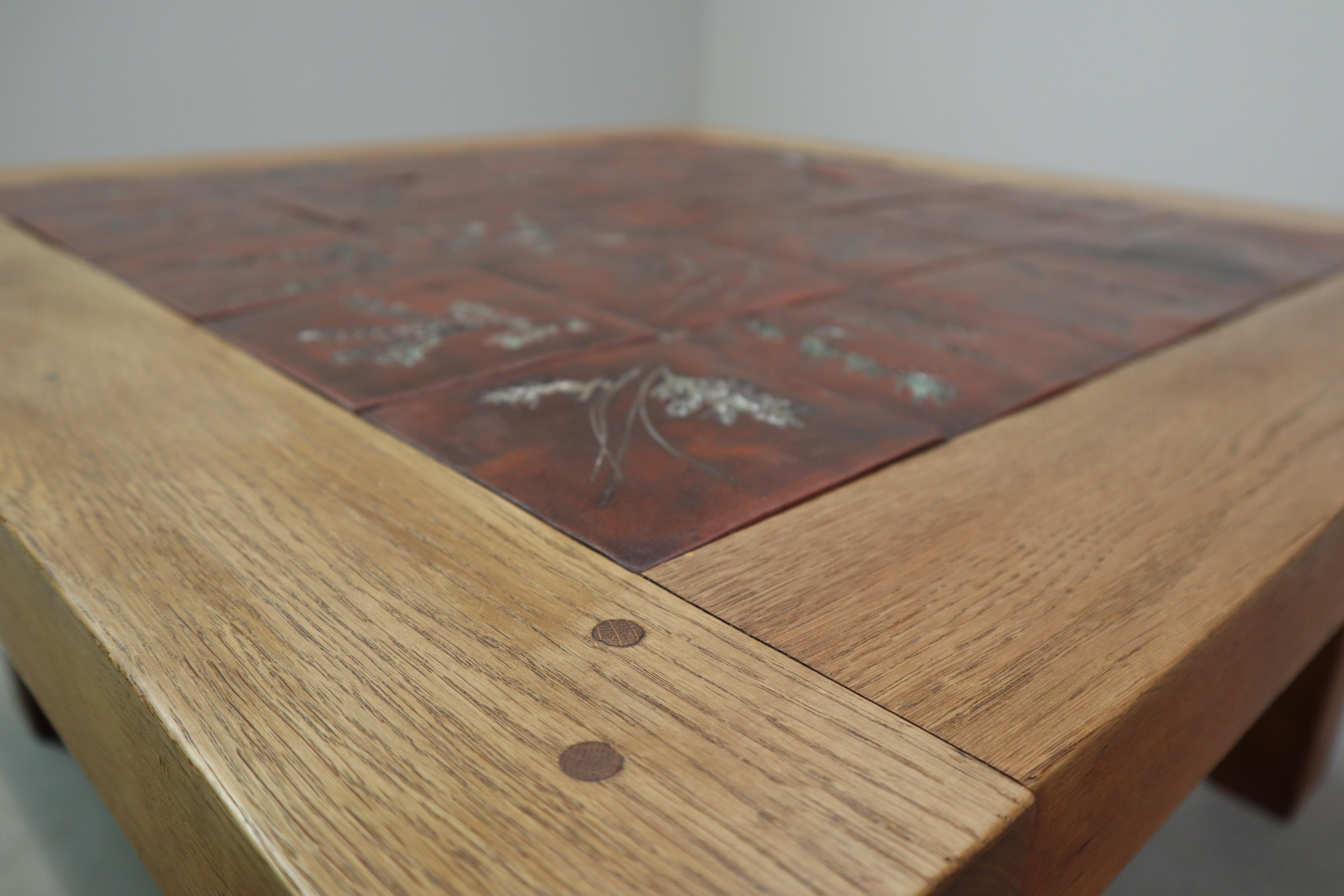 Mid-Century botanical ceramic tile coffee table in Oak, 1960s For Sale 8