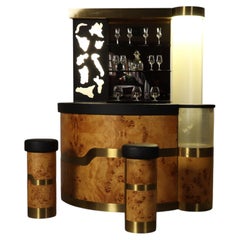 Italian burl wood cocktail bar with illuminated back bar and two stools, 1970s