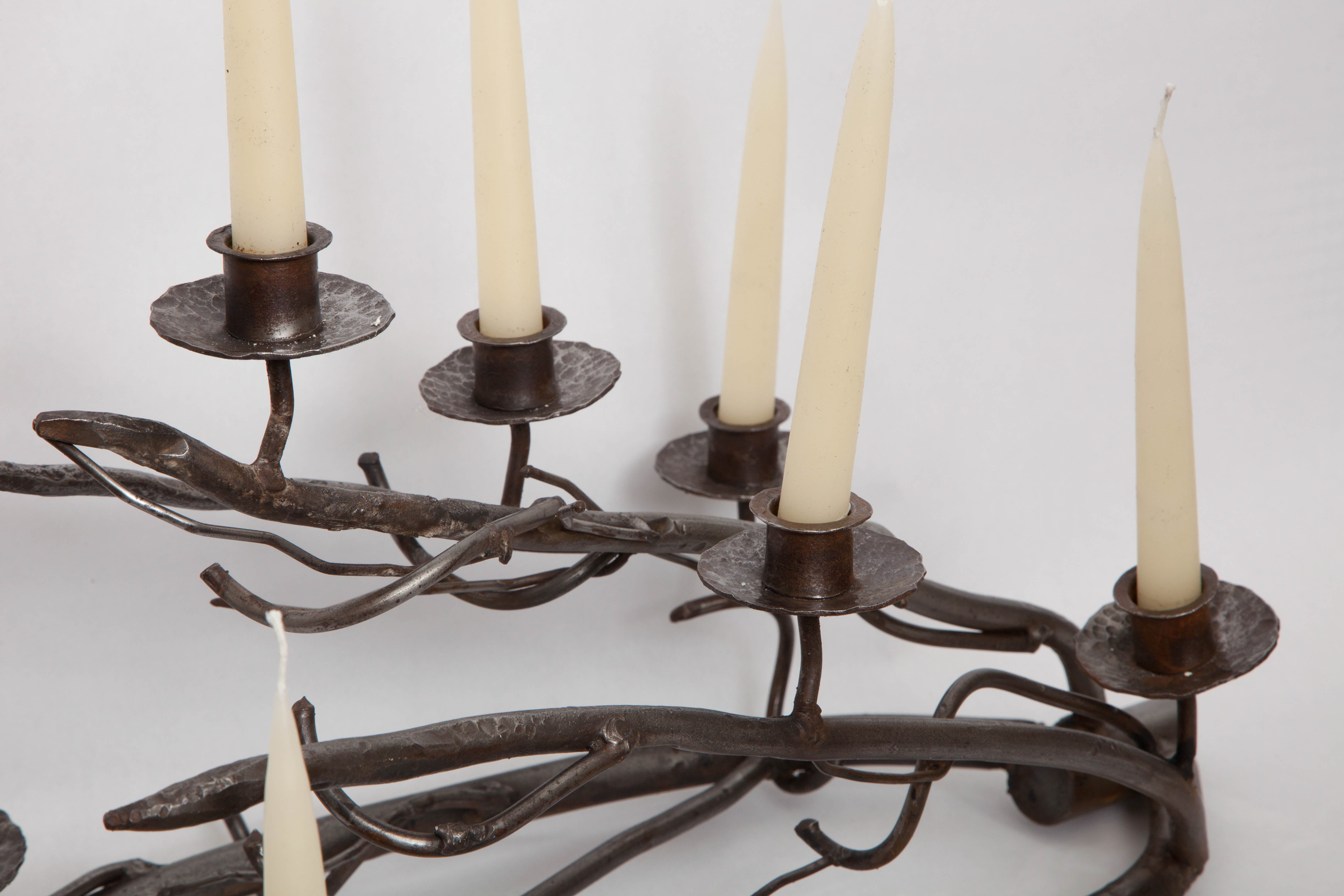 American Pair of 1960s Hand-Wrought Iron Sculptural Candelabras