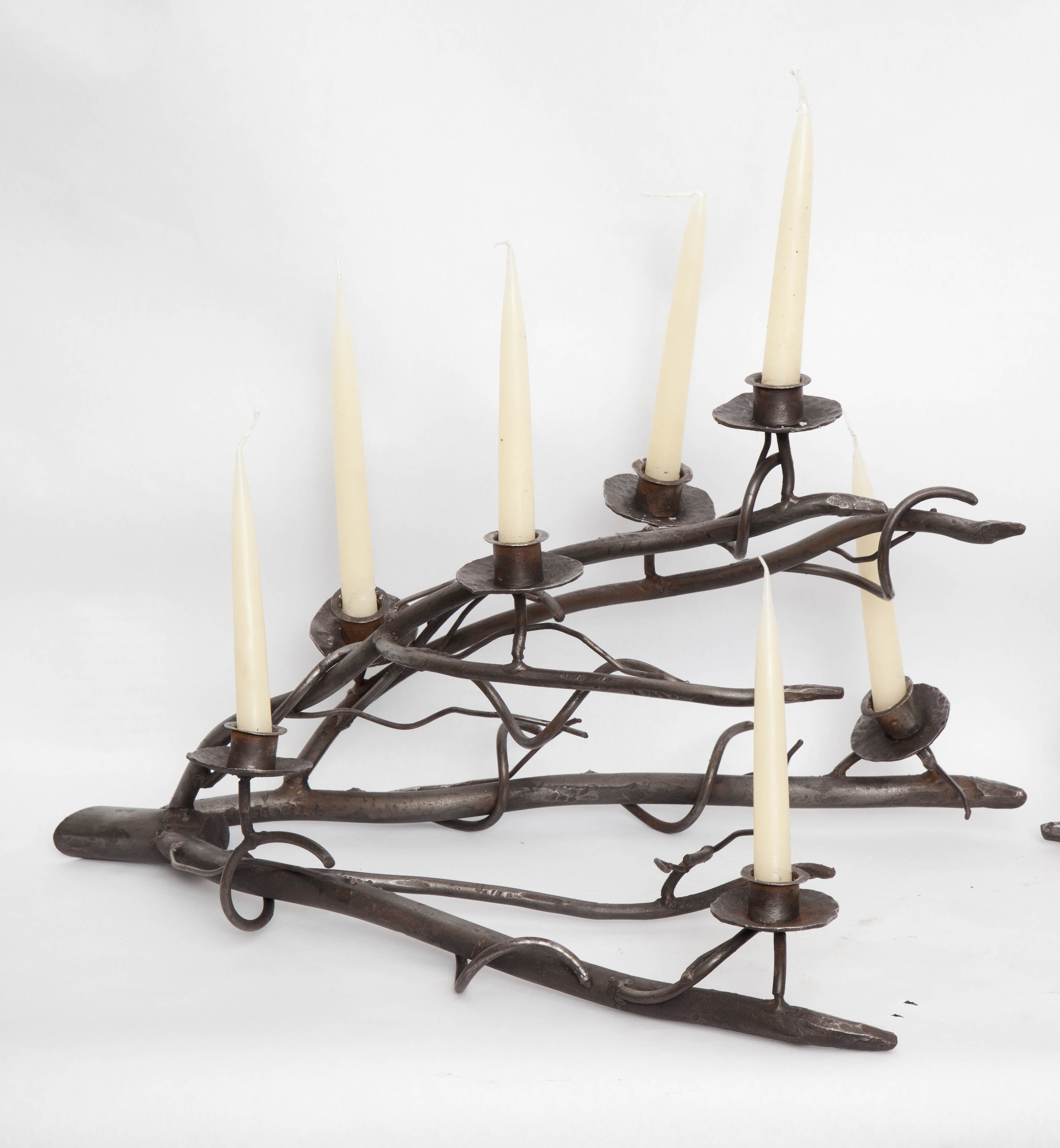 Hand-Crafted Pair of 1960s Hand-Wrought Iron Sculptural Candelabras