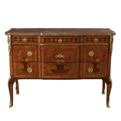 French Louis XV / XVI Transitional Marble Top Break Front Marquetry Commode