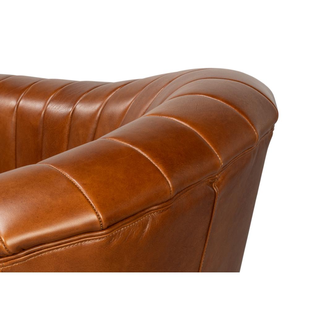 XXIe siècle et contemporain Fauteuil pivotant en cuir marron, à plateau touffeté en vente
