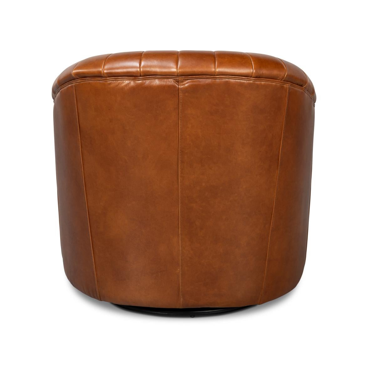 Moderne Fauteuil pivotant en cuir marron, à plateau touffeté en vente