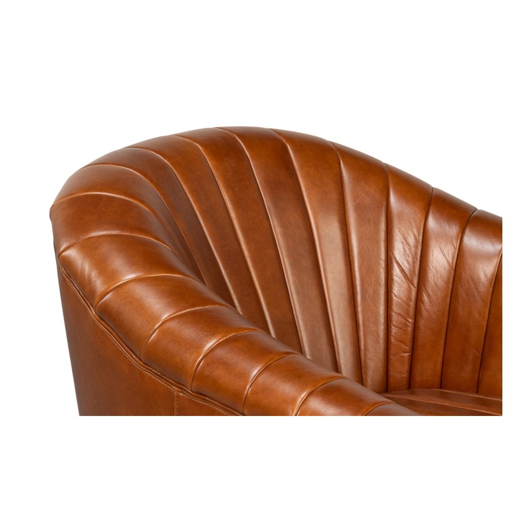 Cuir Fauteuil pivotant en cuir marron, à plateau touffeté en vente