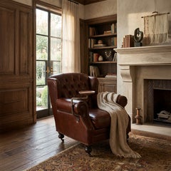 Tufted Leather Club Chair with Swing-Arm Tray
