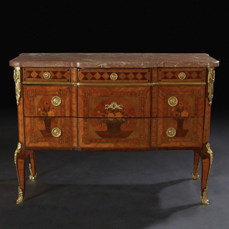 French Louis XV / XVI Transitional Marble Top Break Front Marquetry ...