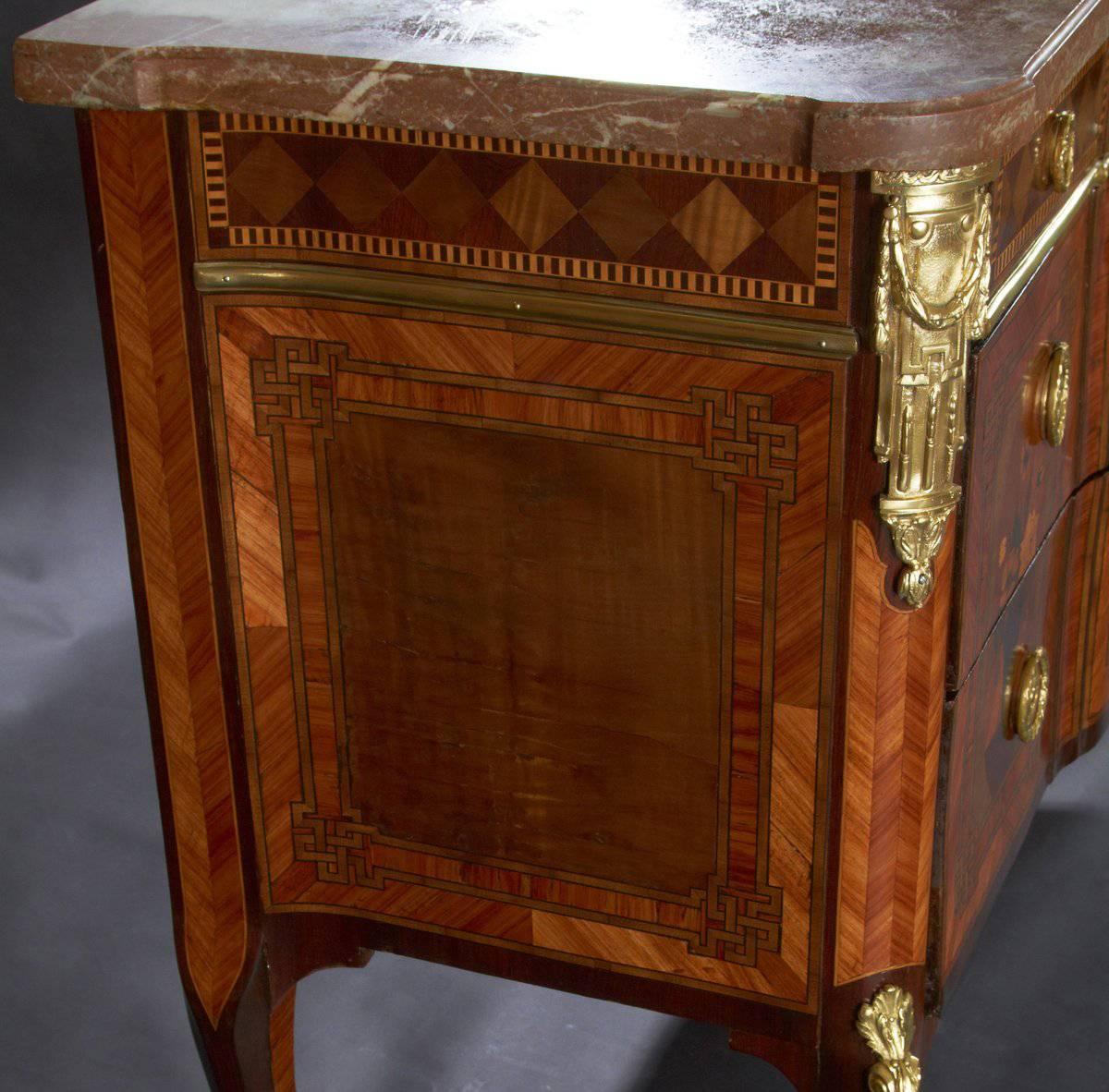 French Louis XV / XVI Transitional Marble Top Break Front Marquetry Commode 2