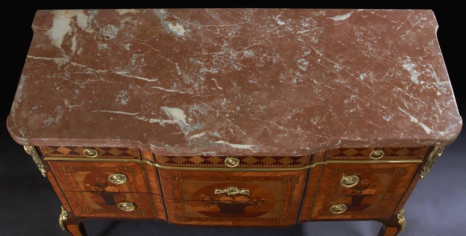 Louis XVI French Louis XV / XVI Transitional Marble Top Break Front Marquetry Commode
