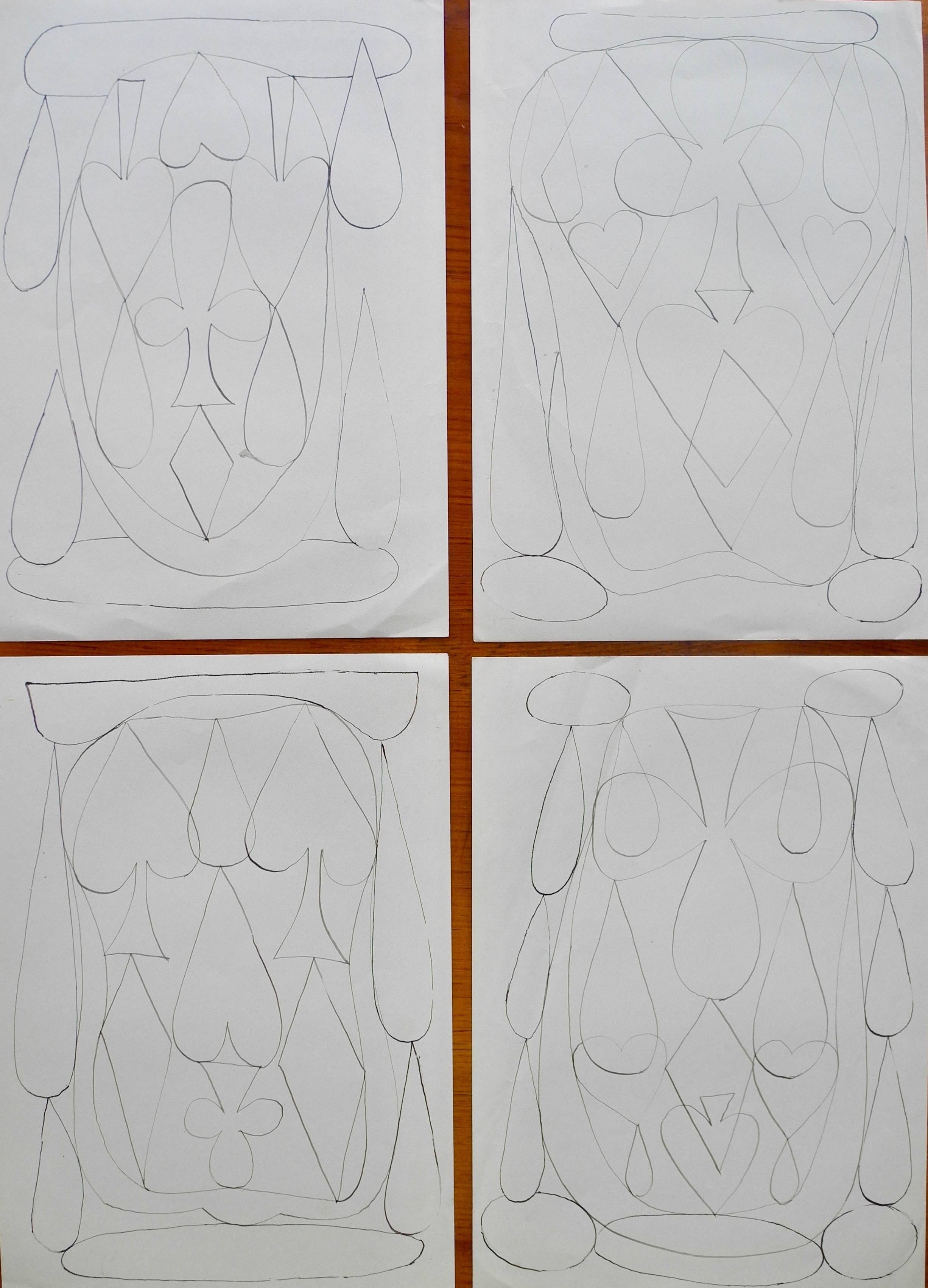 These four ink drawings by designer or artist John-Paul Philippe depict the four suits in a deck of cards. Each signed on the back. Sold as a set of four.