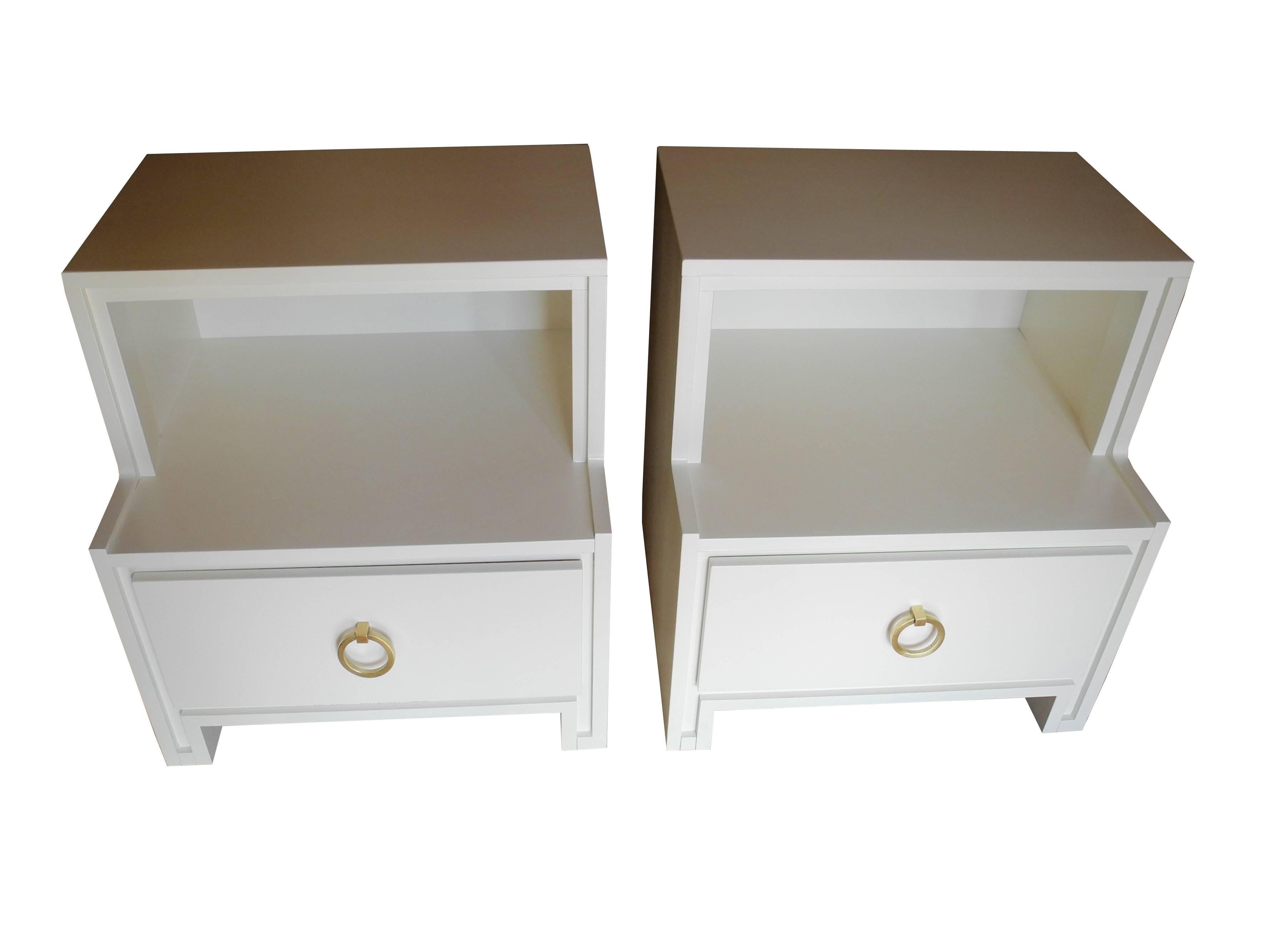 American Linen White Mid-Century Modern Conant Ball Night Stands with Deep Drawers 