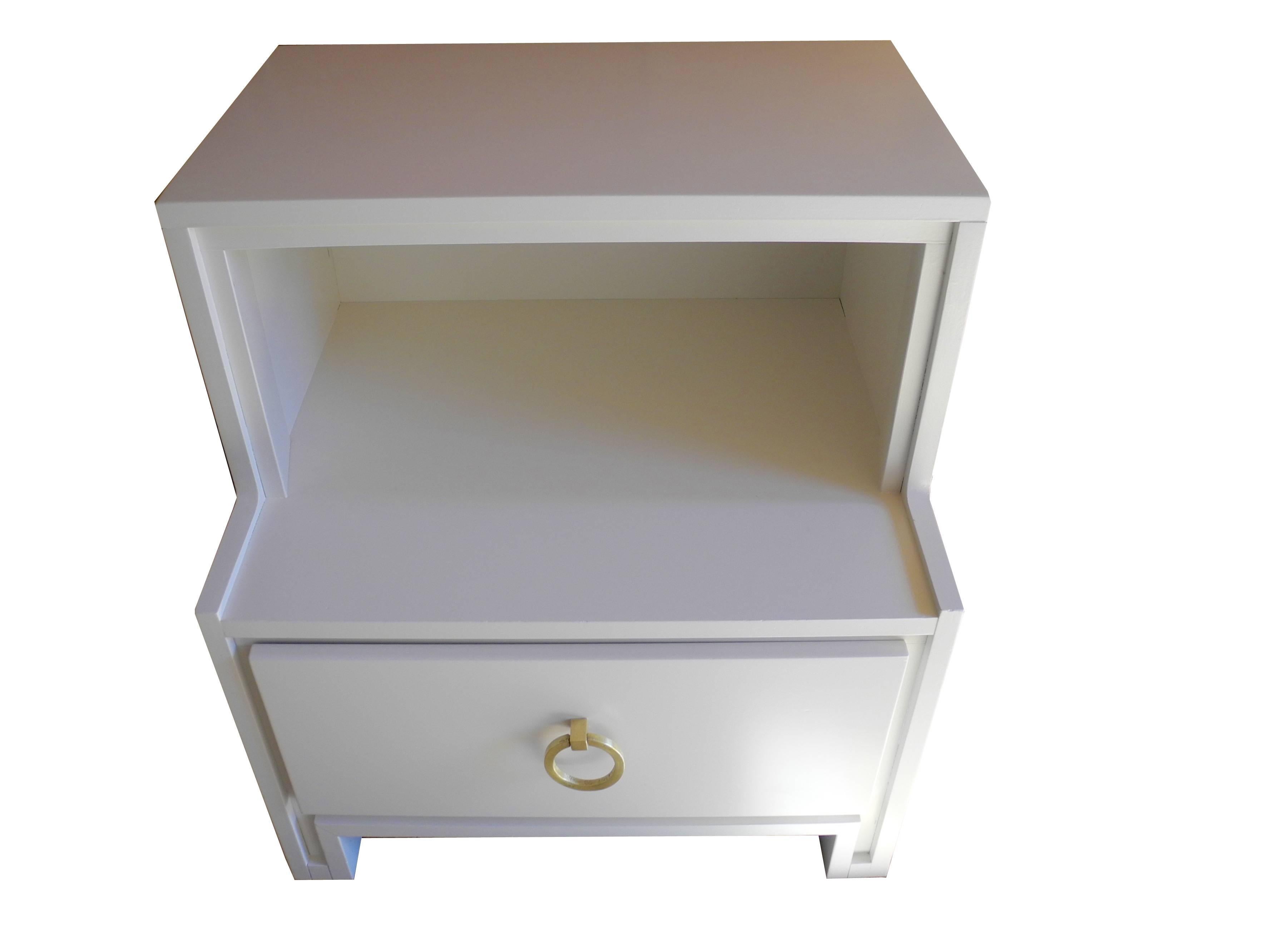 20th Century Linen White Mid-Century Modern Conant Ball Night Stands with Deep Drawers