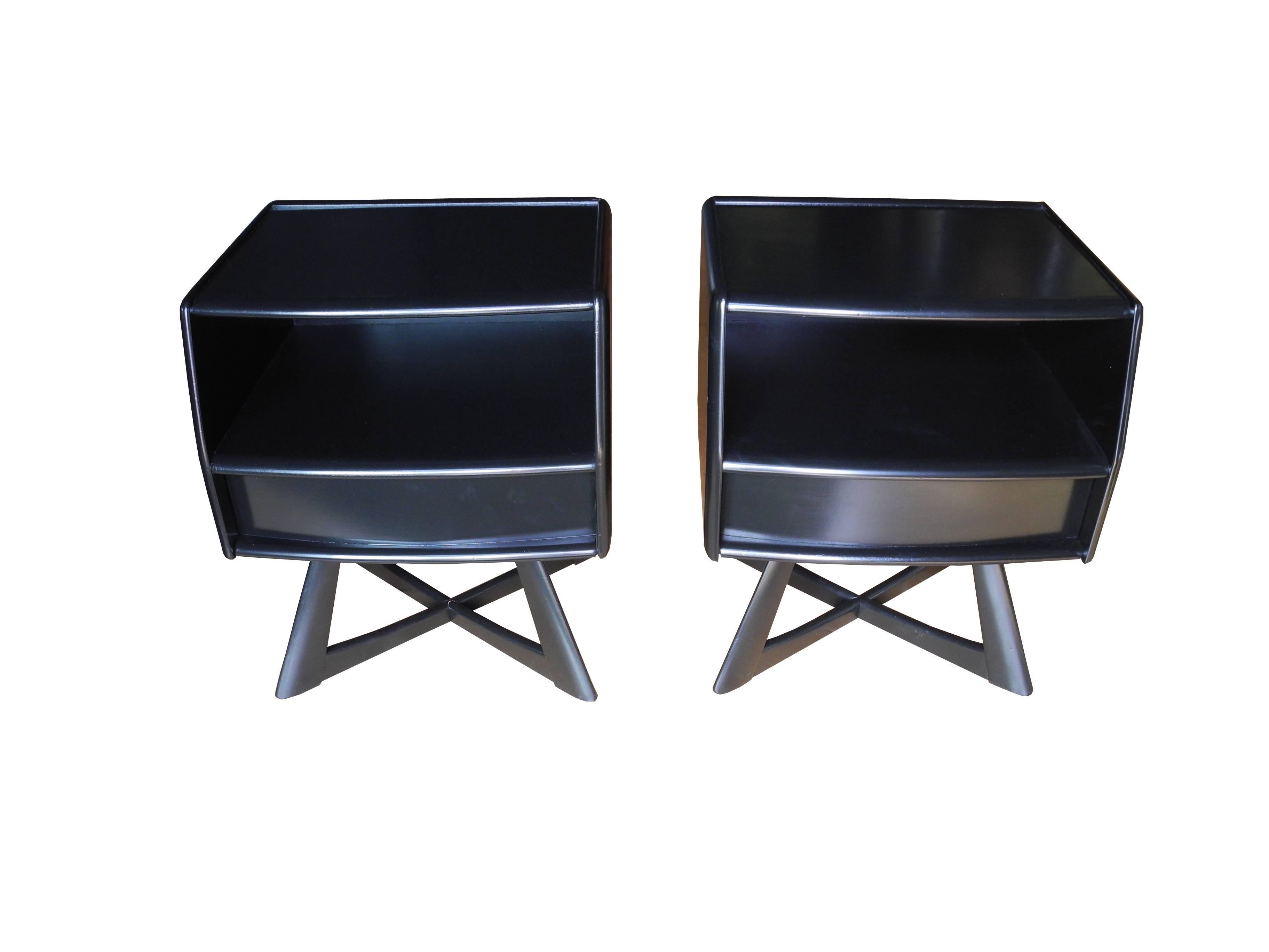 Mid-Century Modern Black Atomic Age Solid Wood Nightstands, Bedsides by Heywood-Wakefield  For Sale