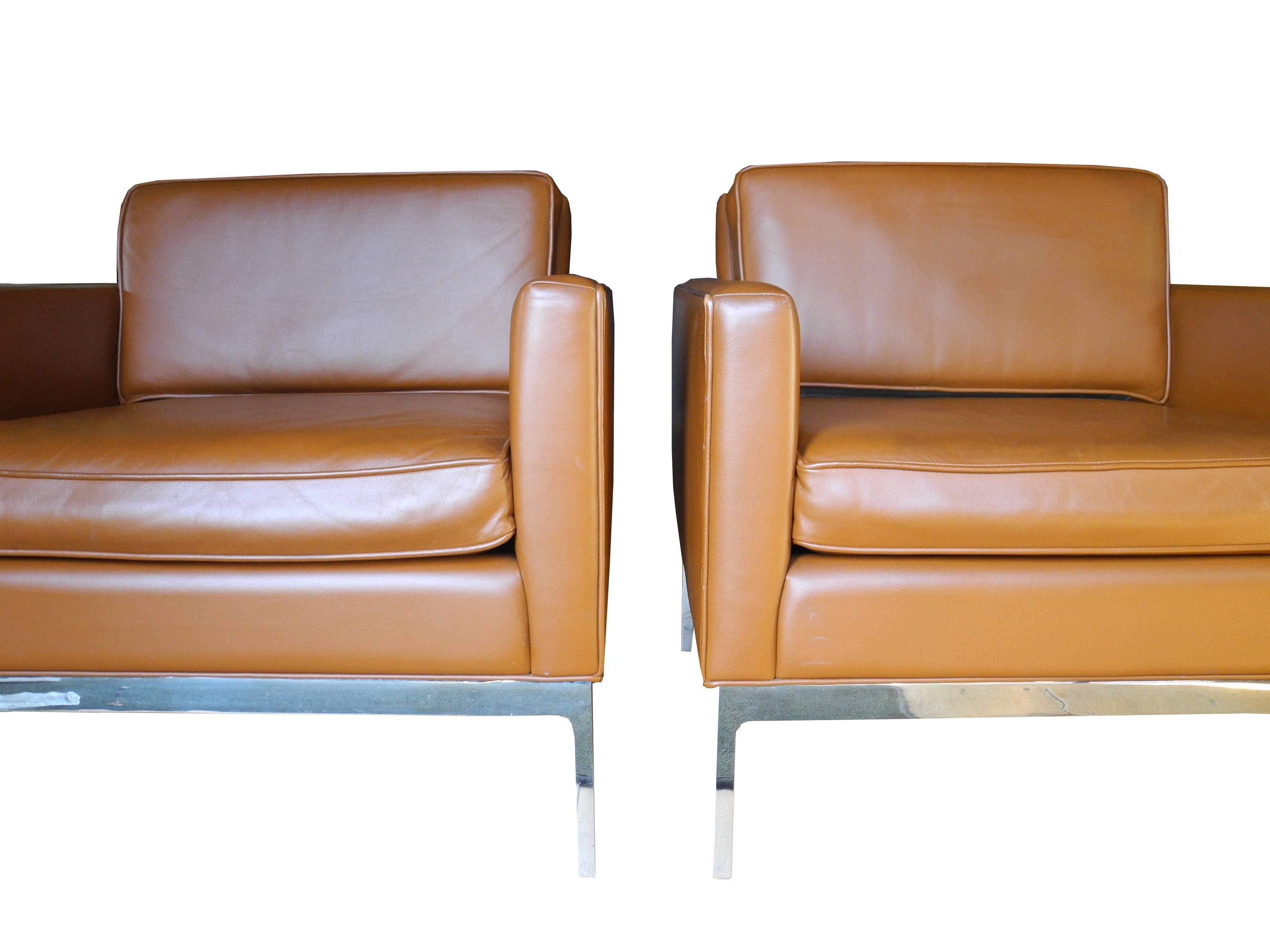 American Soft Tan Leather Modern Arm Chairs by Nicos Zographos 