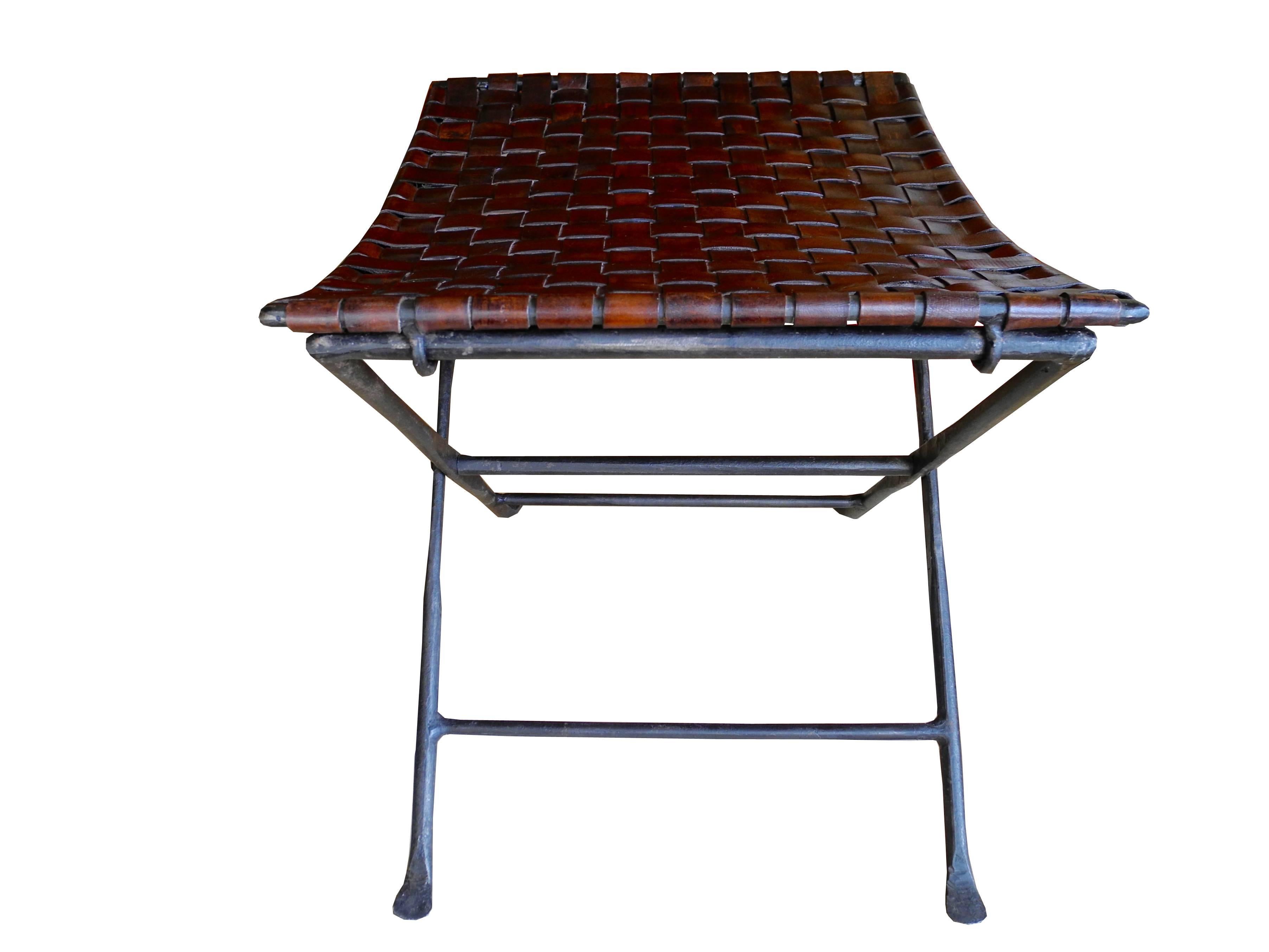 Vintage Modern Hand-Forged Metal and Leather Strap Folding Stool/Bench In Good Condition In Hudson, NY
