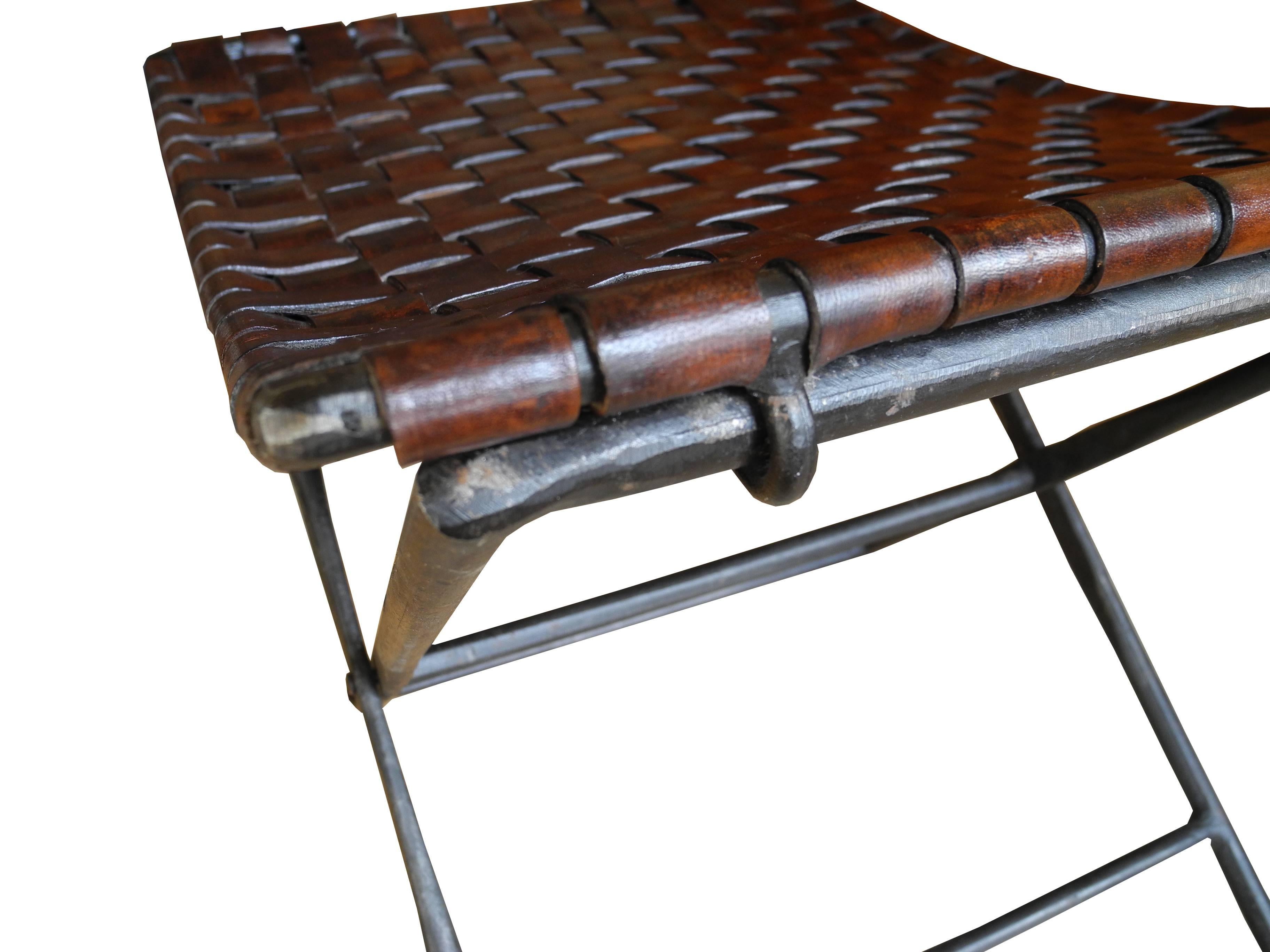 Vintage Modern Hand-Forged Metal and Leather Strap Folding Stool/Bench 3