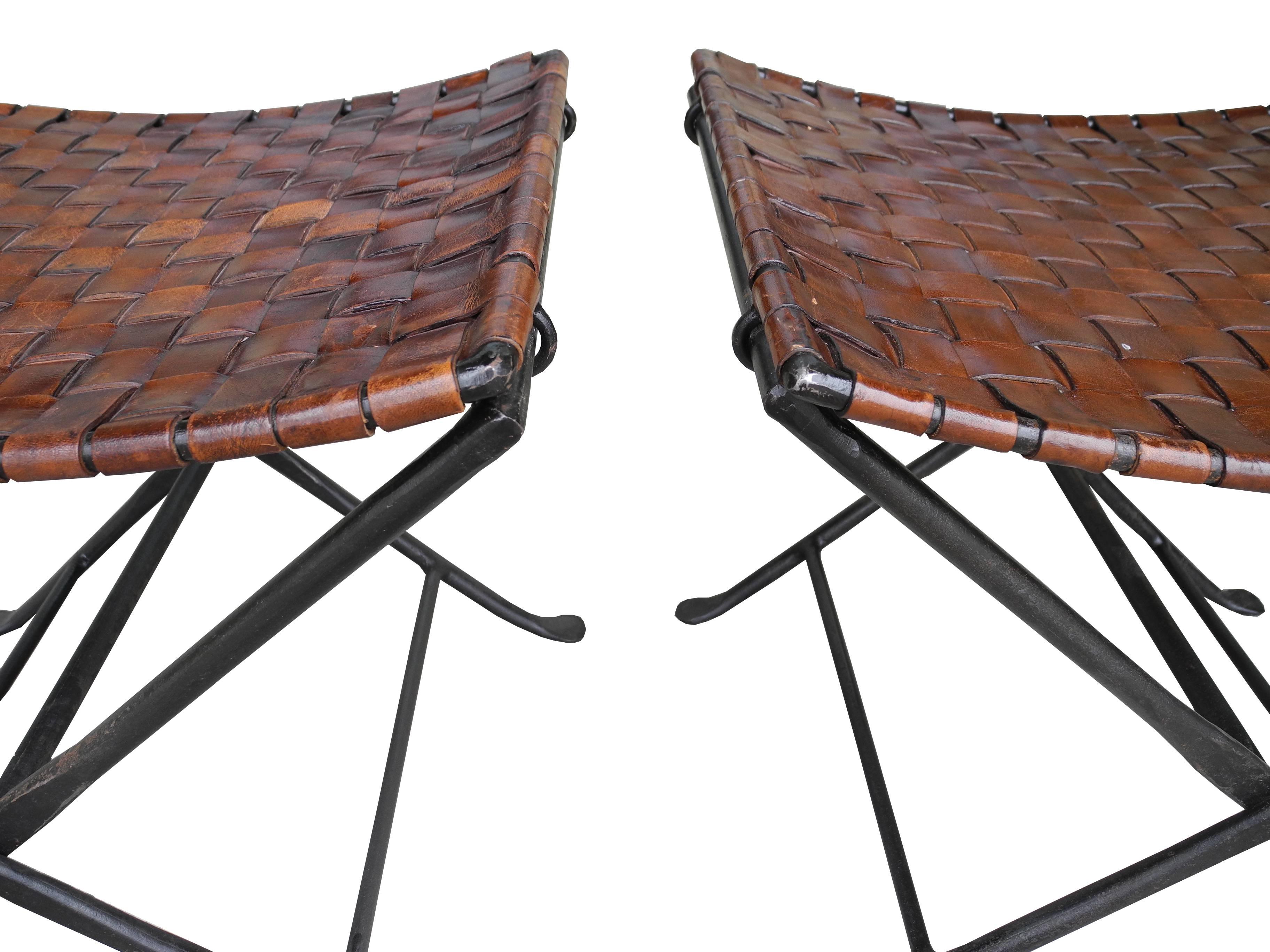 Mid-Century Modern Vintage Modern Hand-Forged Metal and Leather Strap Folding Stools or Benches For Sale