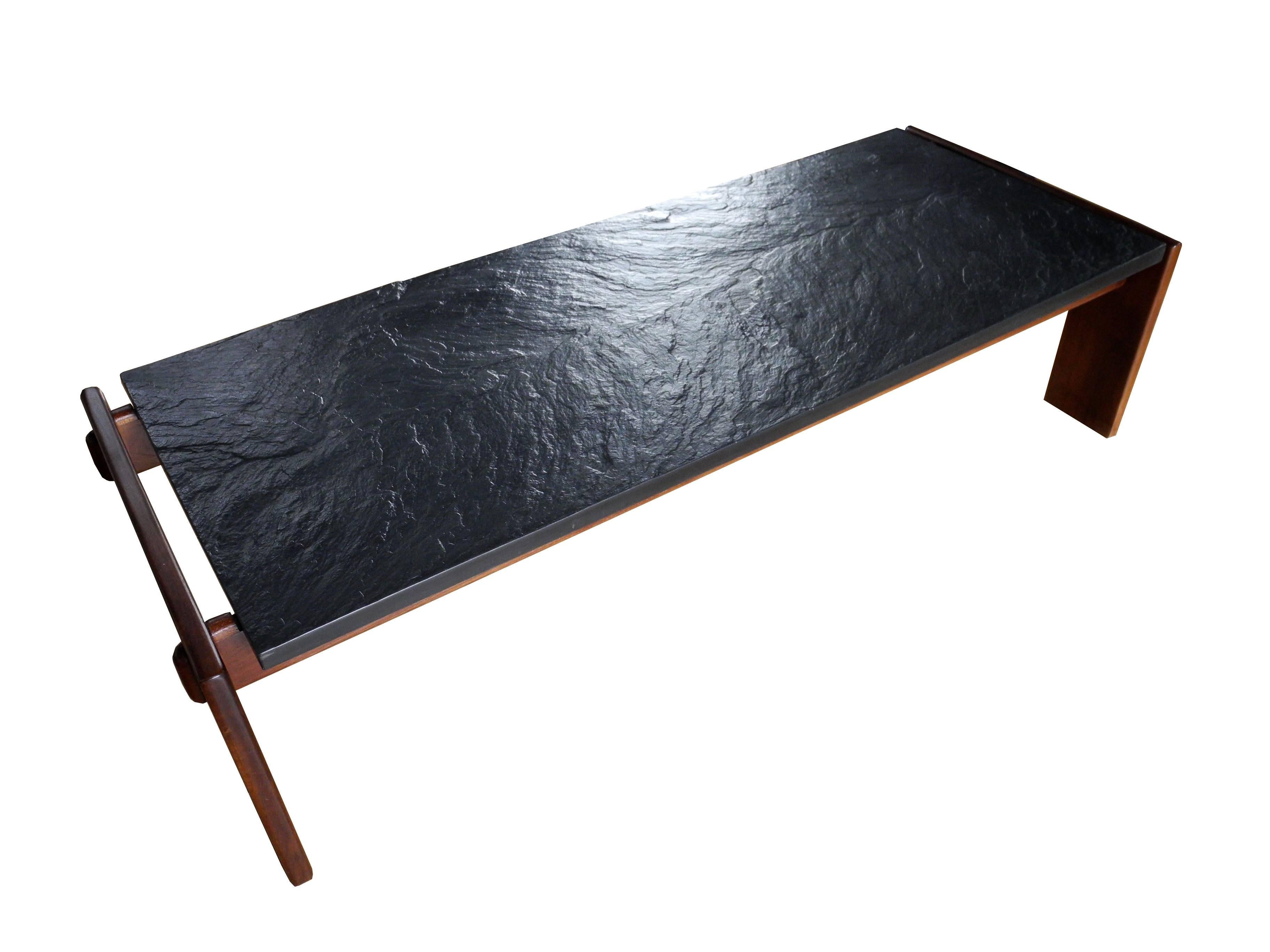 Mid-Century Modern Slate and Walnut Brutalist Coffee Table by Adrian Pearsall In Good Condition For Sale In Hudson, NY
