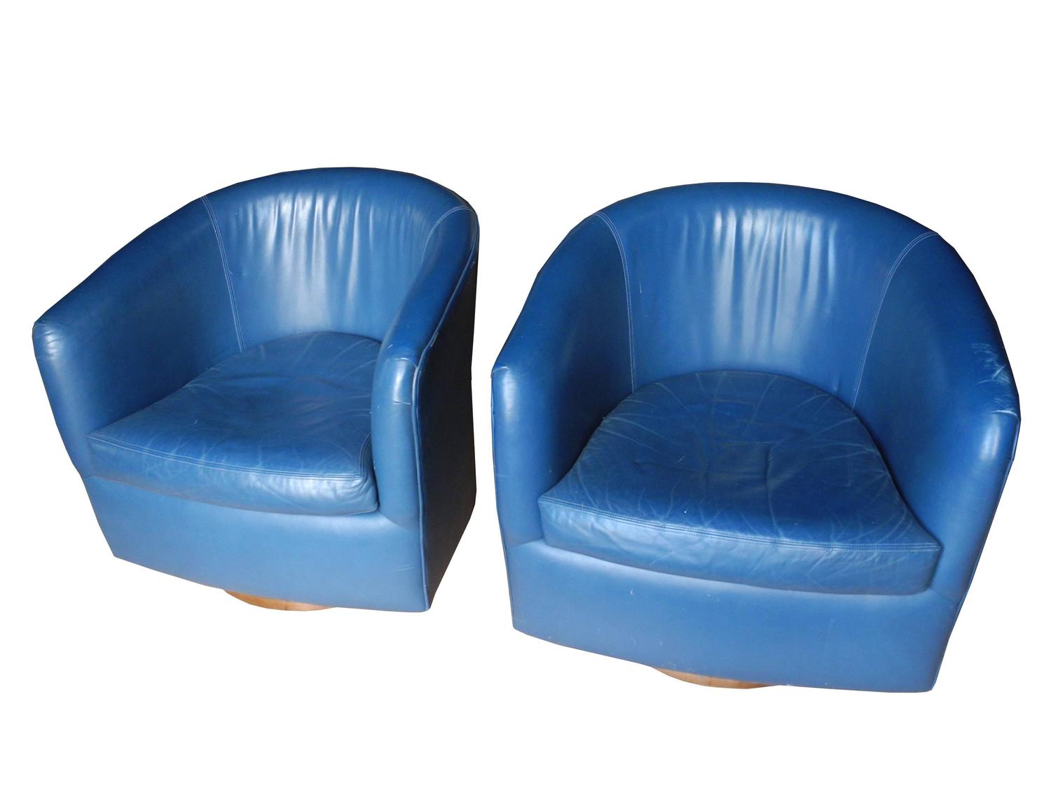 Pair of MidCentury Modern Blue Leather Swivel Lounge Chairs by Milo
