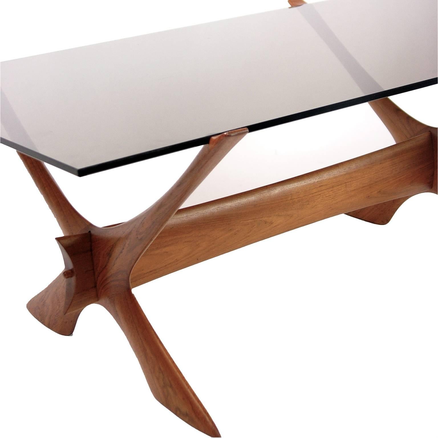 Modern Teak and Smokey Glass x Base Coffee Table by Fredrik Schriever Abeln In Good Condition For Sale In Hudson, NY