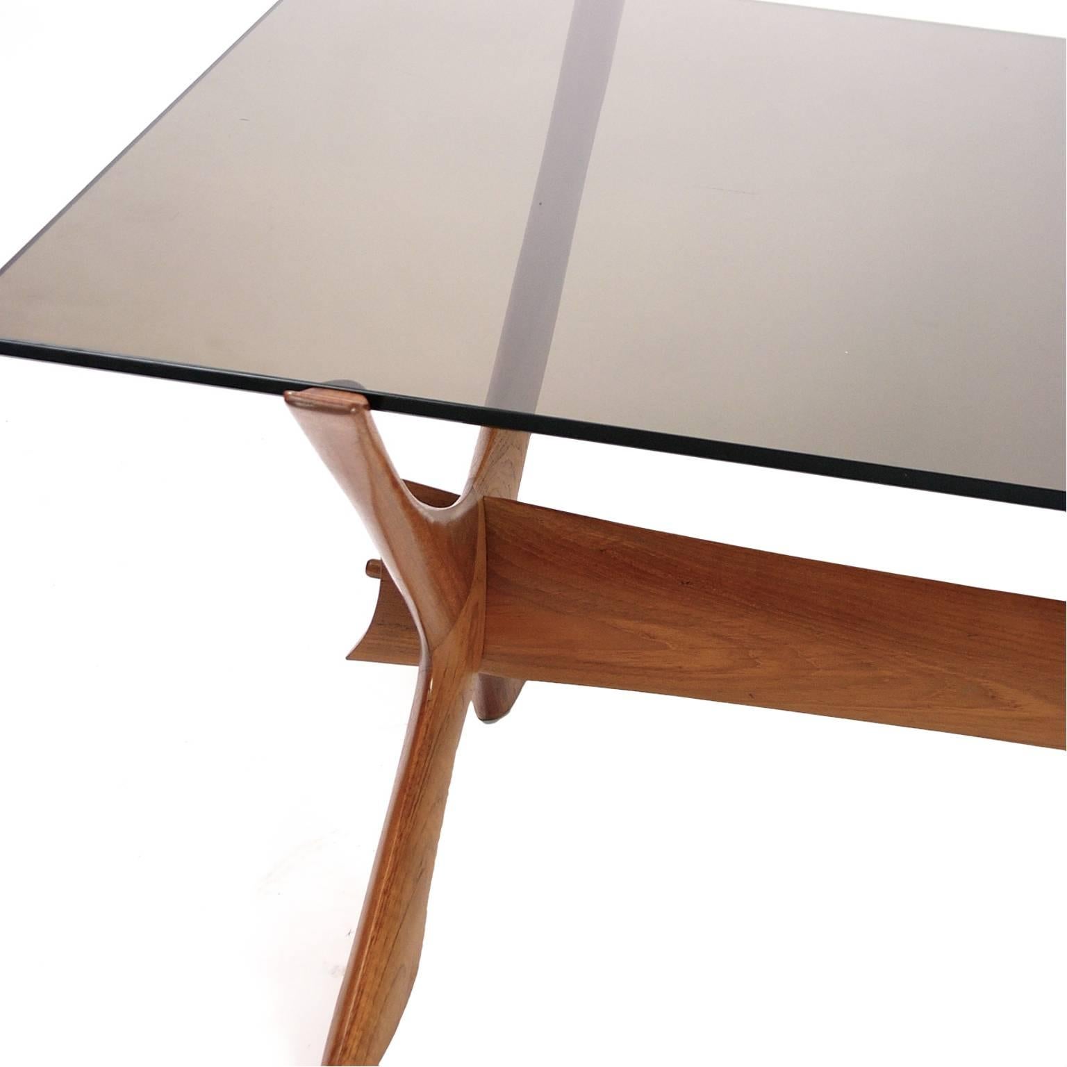 Modern Teak and Smokey Glass x Base Coffee Table by Fredrik Schriever Abeln For Sale 1