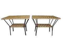 Mid-Century French Woven Rope and Wrought Iron Bed or Side Tables with Shelf