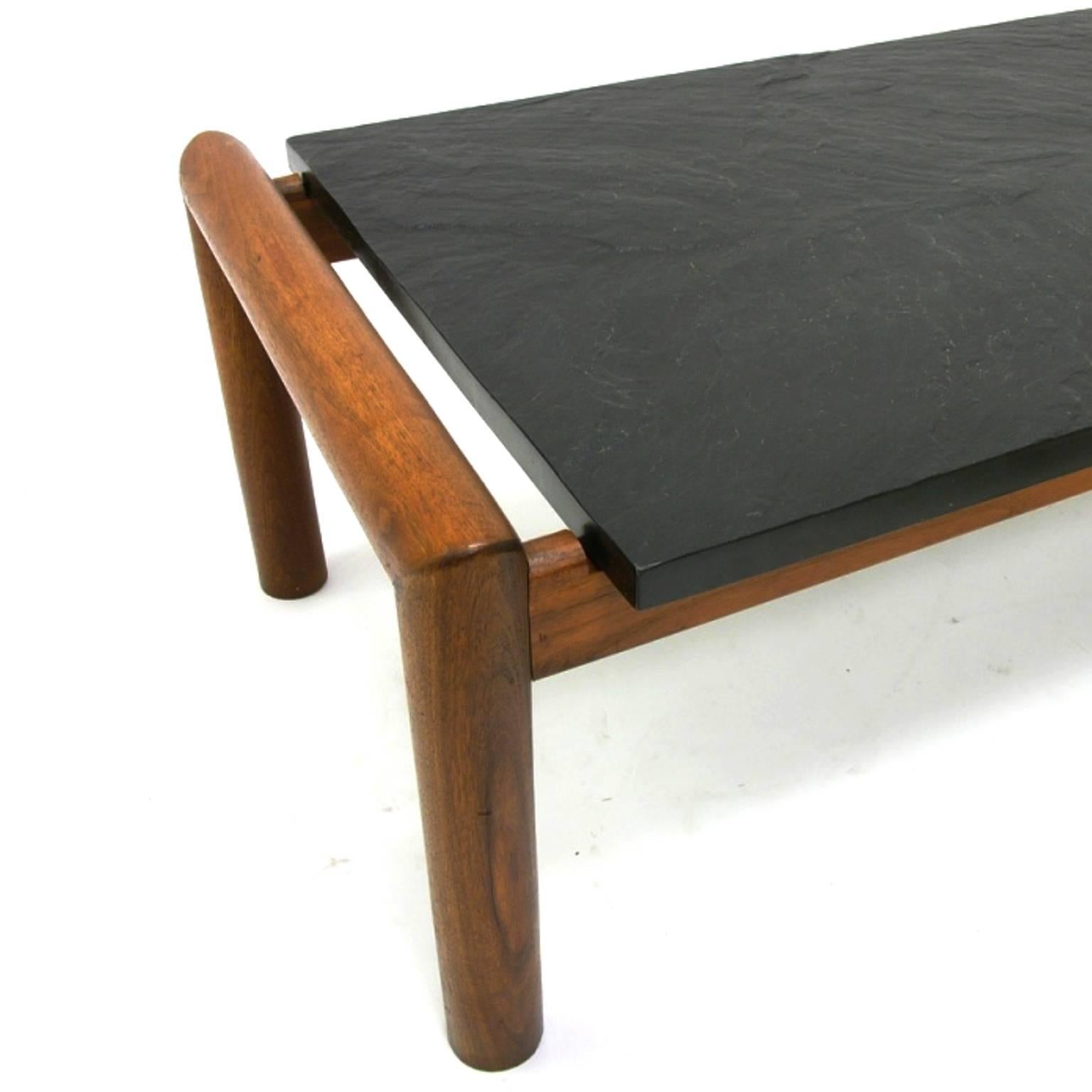 American Mid-Century Modern Brutalist Slate and Walnut Coffee Table by Adrian Pearsall For Sale