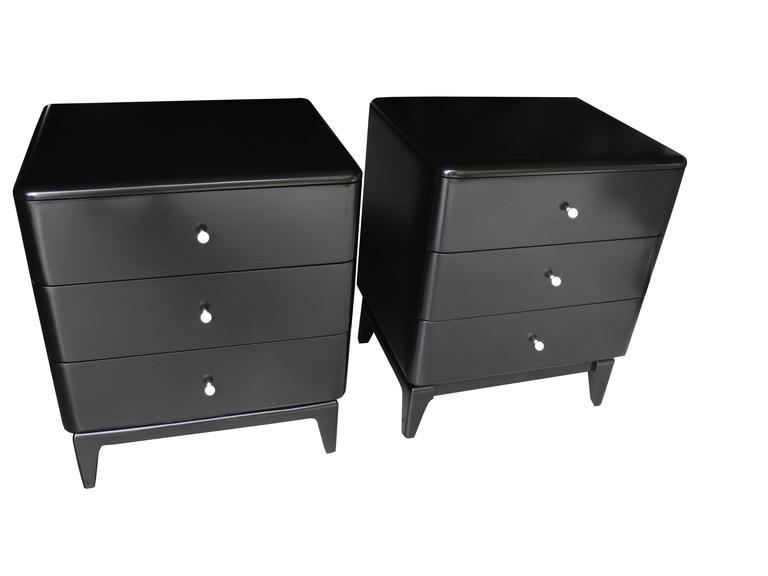 MidCentury Modern Black Nightstands with Porcelain Knobs by Heywood