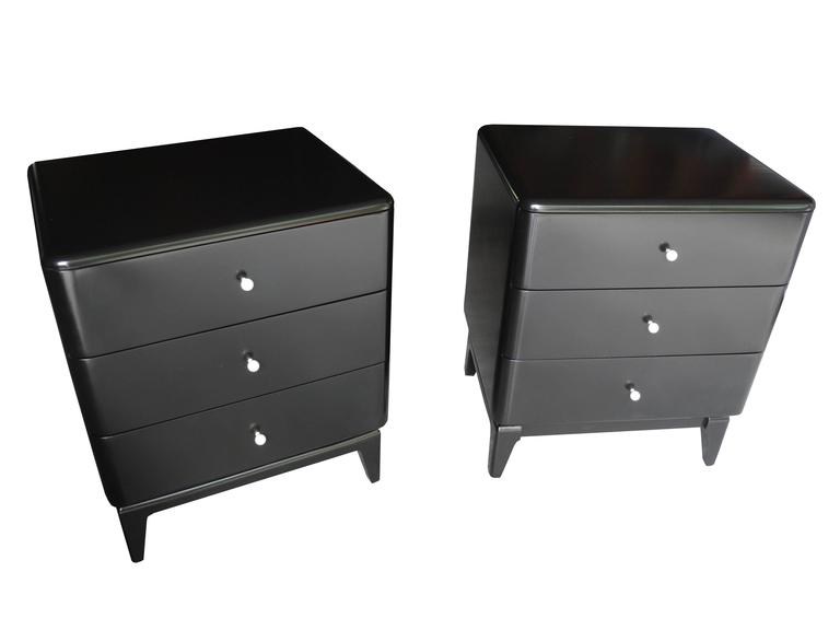 MidCentury Modern Black Nightstands with Porcelain Knobs by Heywood