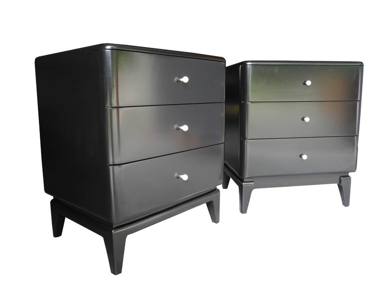 MidCentury Modern Black Nightstands with Porcelain Knobs by Heywood