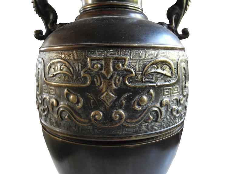 Tall Bronze Vessel Asian Lamp With Dragon Handles For At 1stdibs This Vessel Floor Lamp Or Table Is Tall And Made Of Bronze Engraved Metal