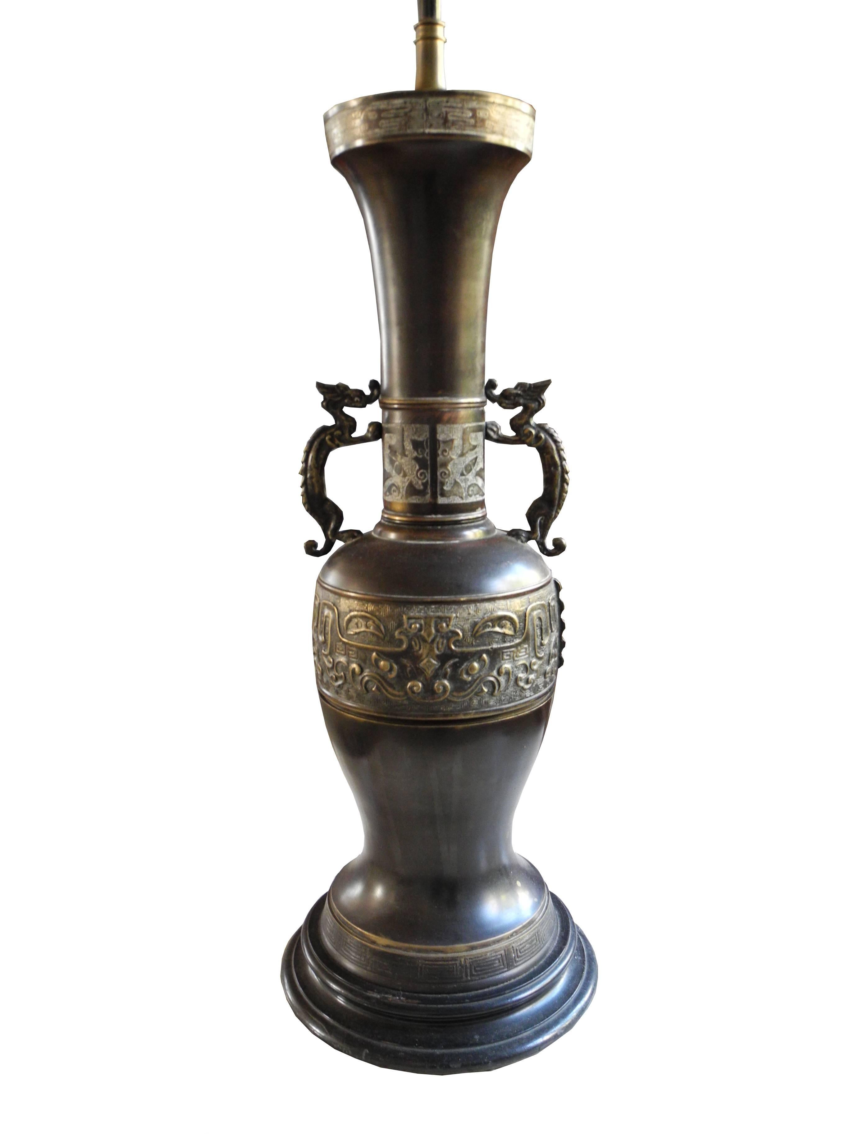 Chinoiserie Tall Bronze Vessel Asian Lamp with Dragon Handles For Sale