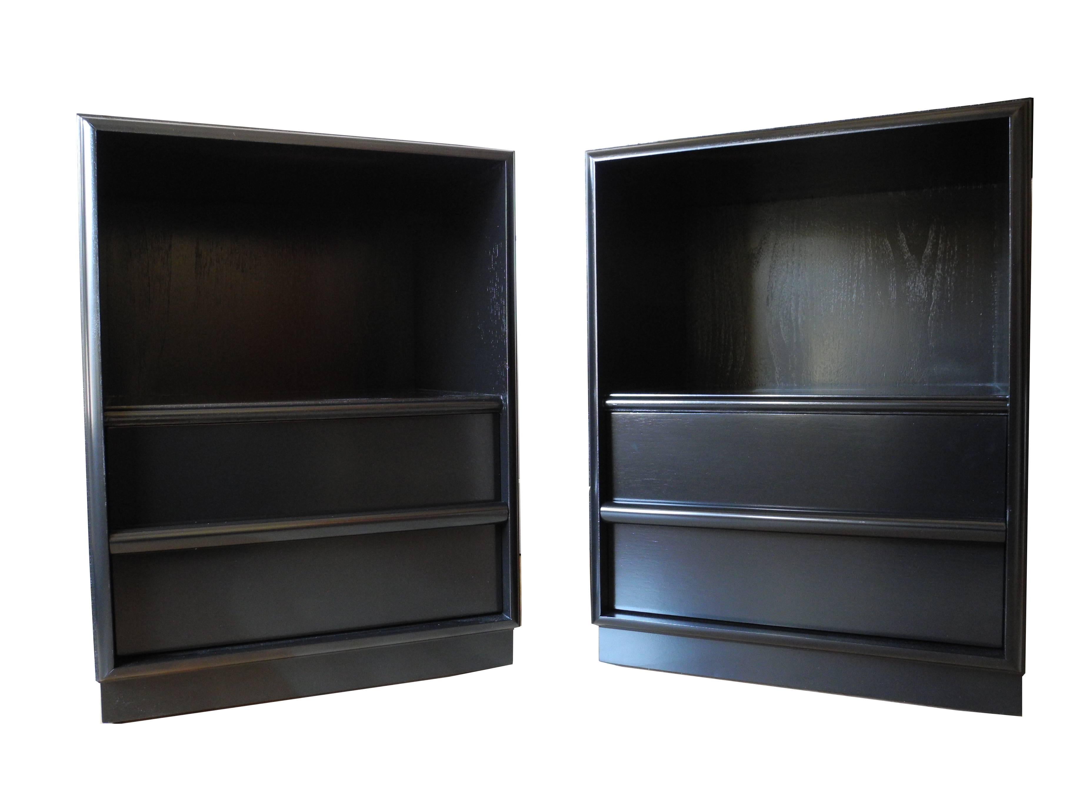 These nightstands are painted black lacquer. The are each equipped with a deep drawer at the base and a cubby on top. Ready to go!