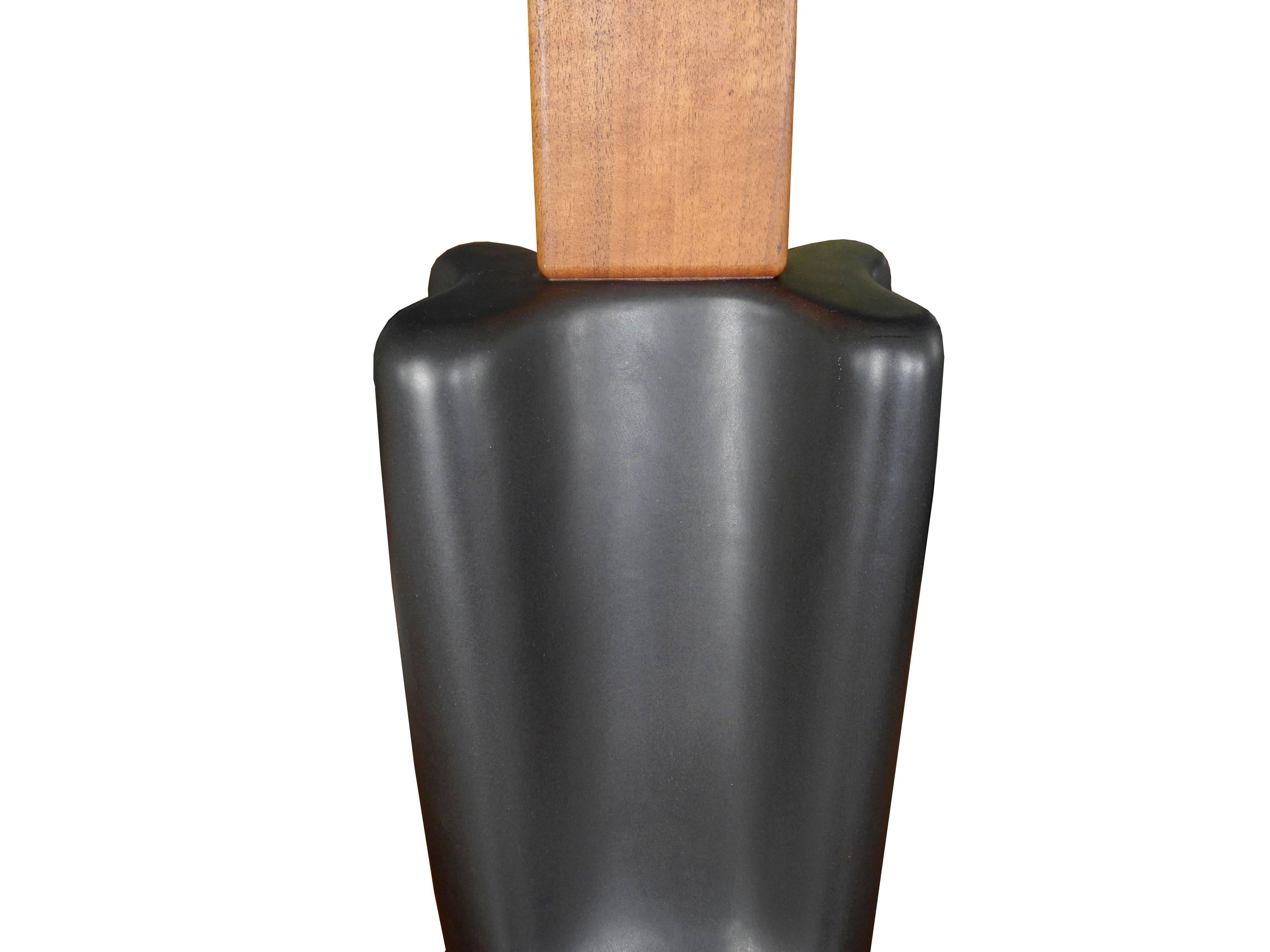 Modern Teak and Ceramic Gun-Metal Glazed Table Lamp by Martz