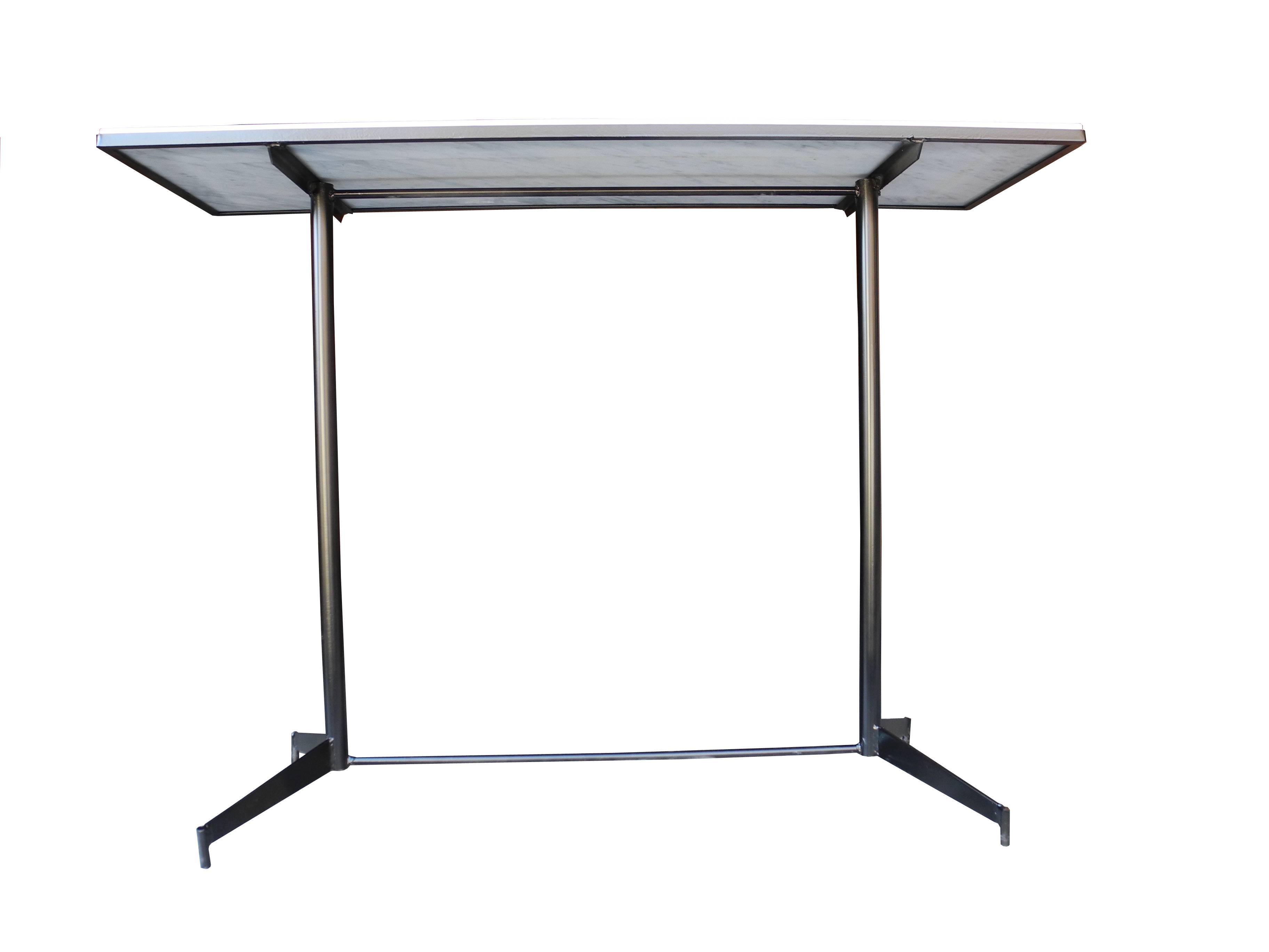 American Mid-Century Modern Industrial Carrara Marble Top and Steel Frame Console/Bar For Sale