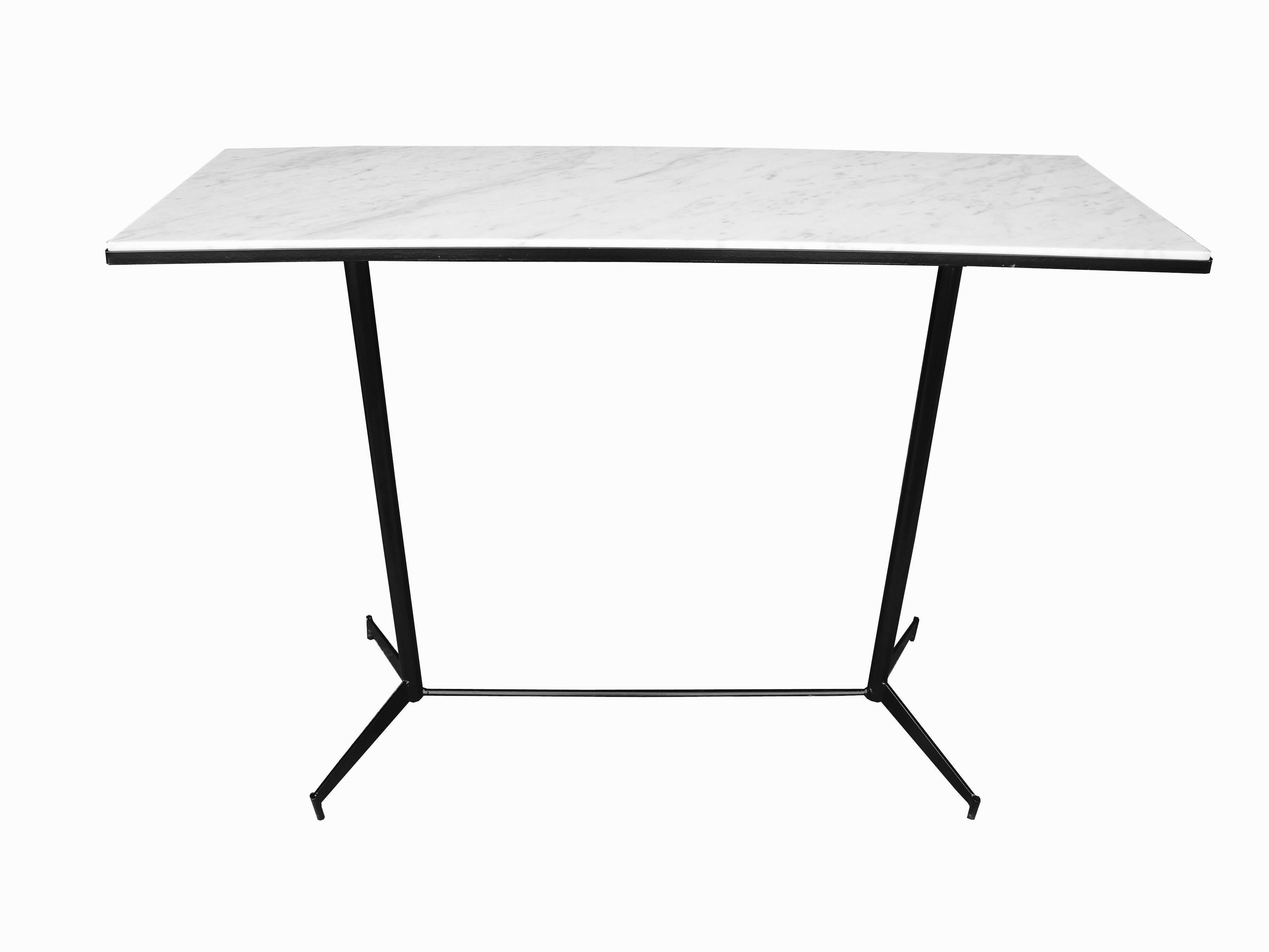 This console or bar is made of painted black steel frame with a white Carrara marble top. Vintage, 1950s and in the style of Paul McCobb. Two available, sold and listed separately. Made for indoor or outdoor.