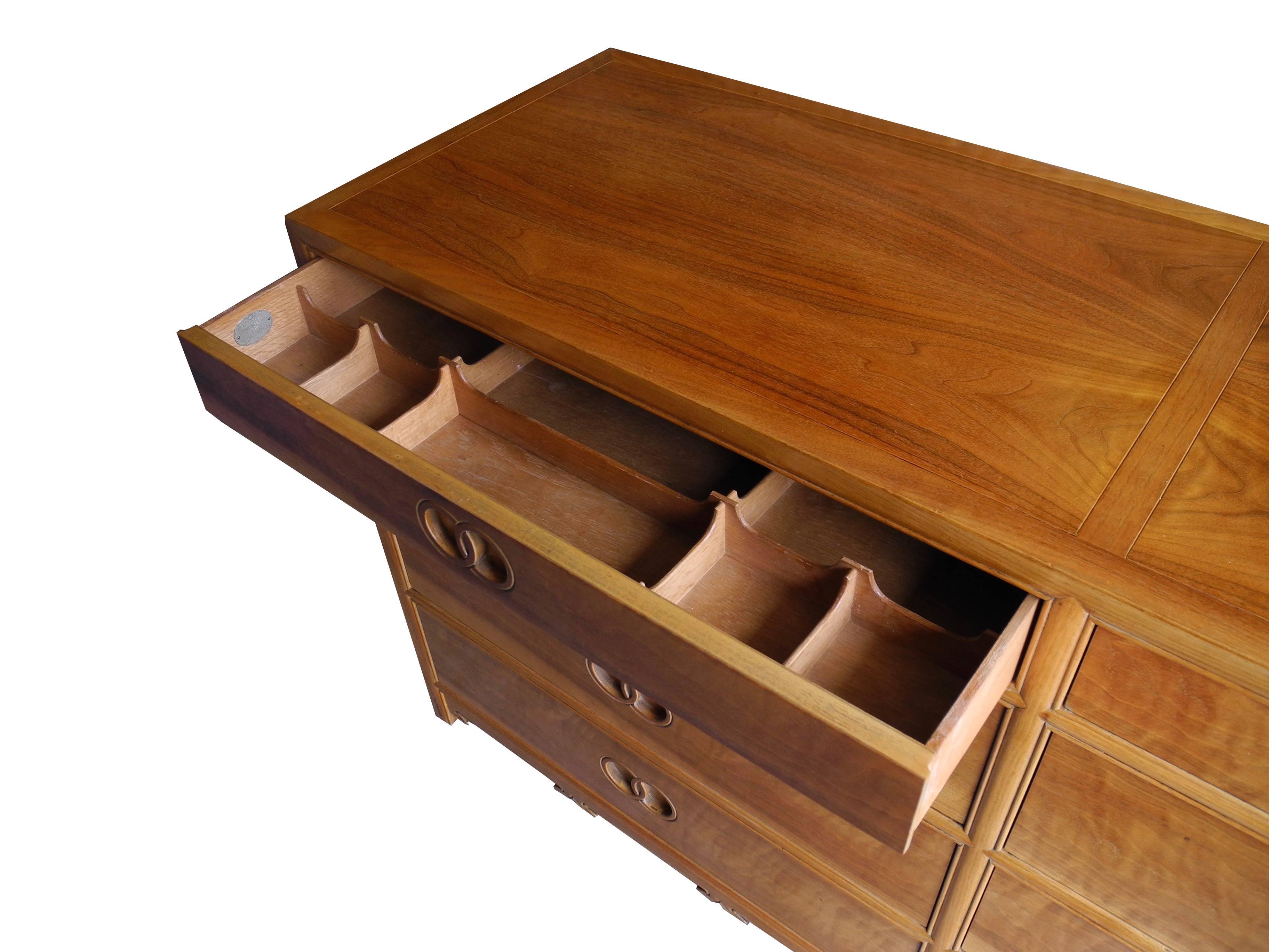 American Modern Eight-Drawer Walnut Dresser with Decorative Details by Michael Taylor
