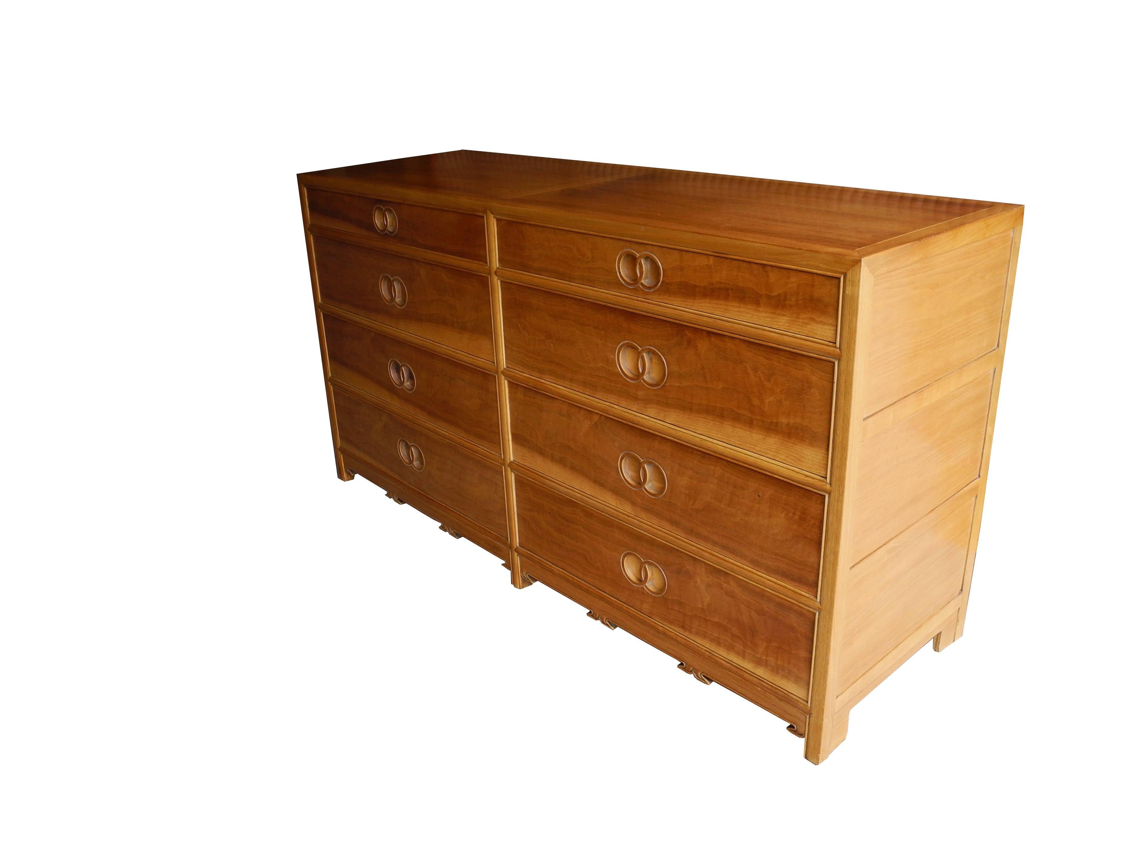 Modern Eight-Drawer Walnut Dresser with Decorative Details by Michael Taylor In Good Condition In Hudson, NY