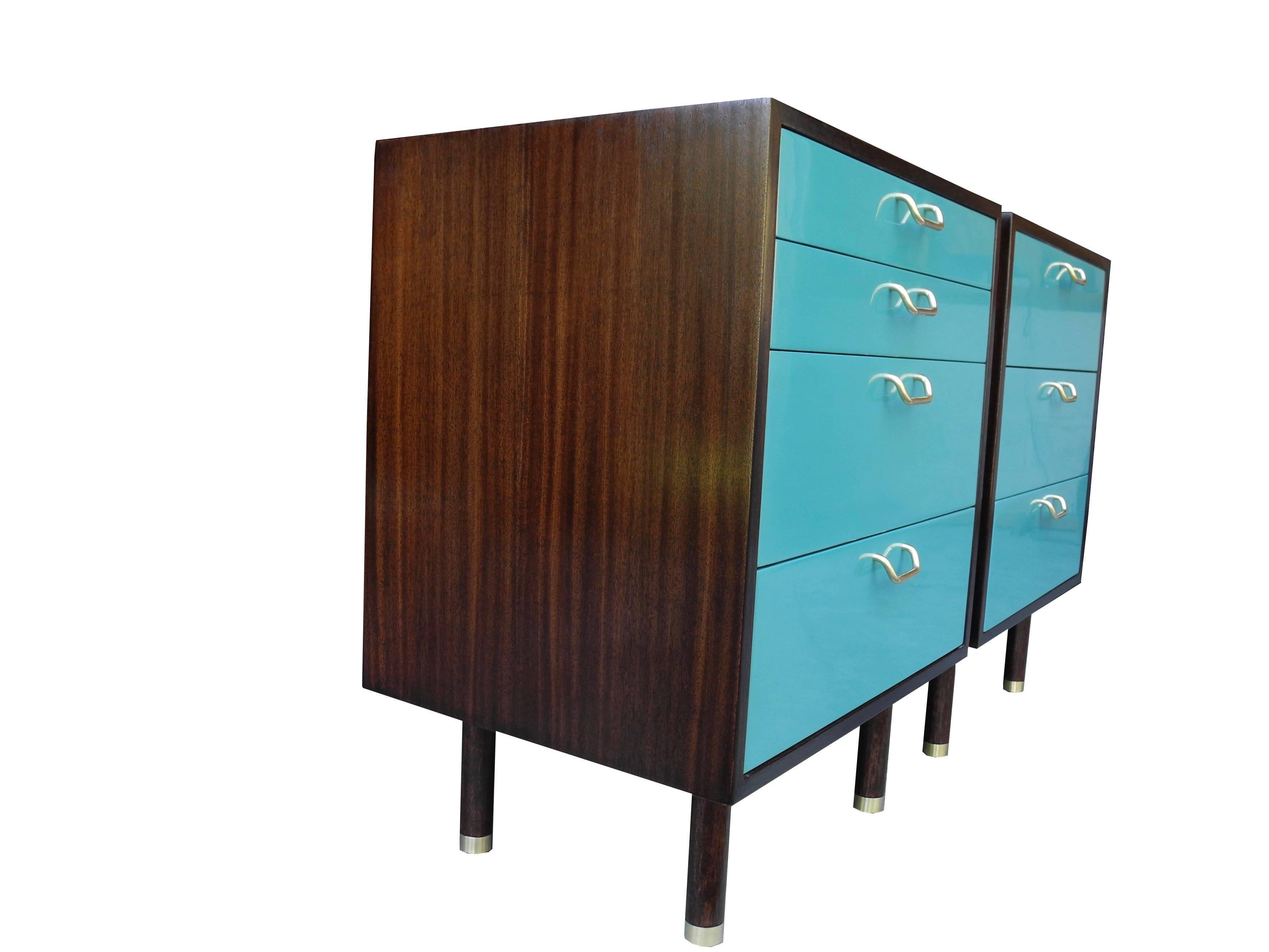 American Pair of Mahogoany and Teal Color Modern Nightstands by Harvey Probber For Sale