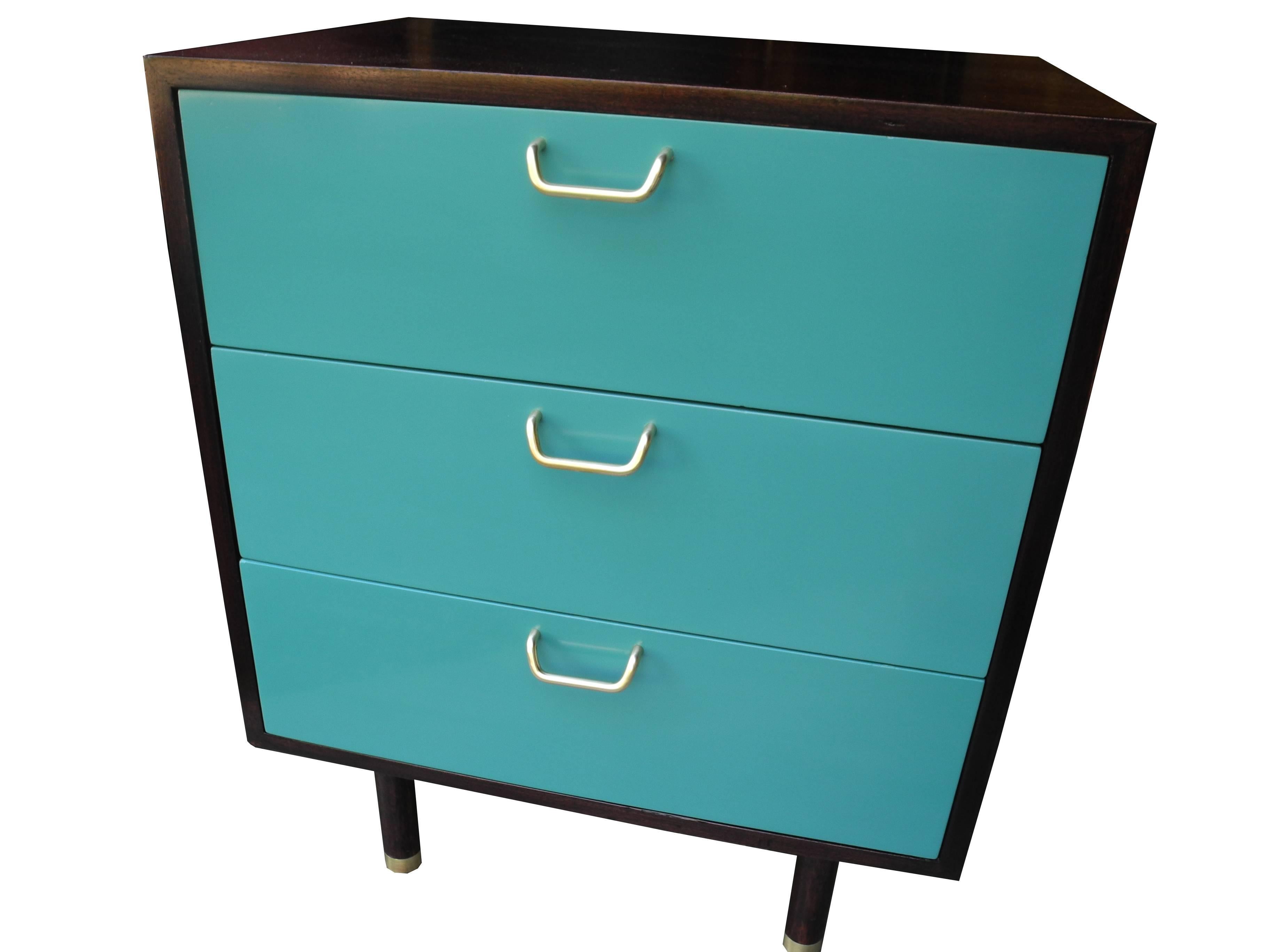 Pair of Mahogoany and Teal Color Modern Nightstands by Harvey Probber In Excellent Condition For Sale In Hudson, NY