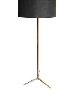 Danish Modern Rosewood and Brass Tripod Floor Lamp with Charcoal Burlap Shade