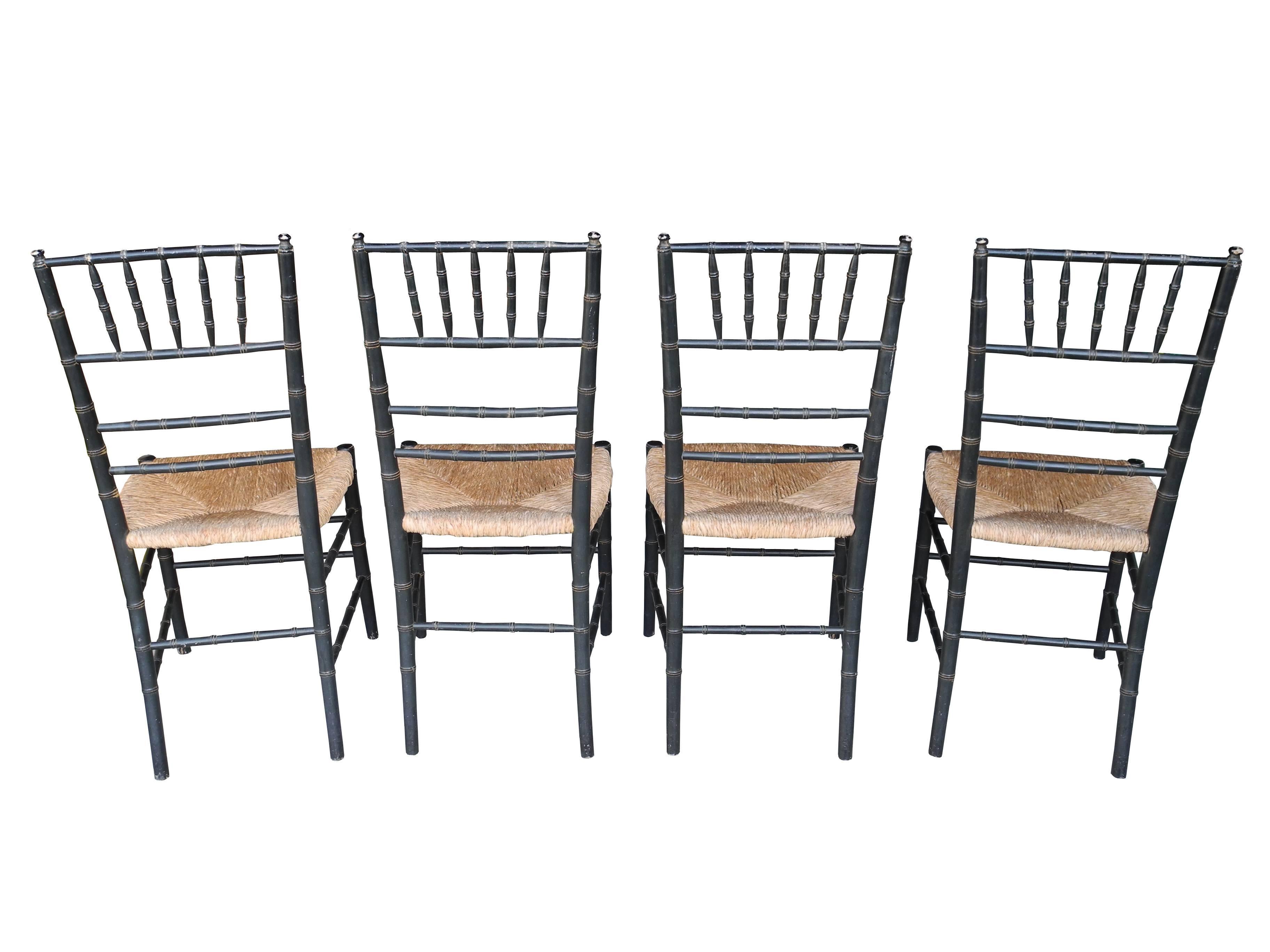Romantic Set of Four Faux Bamboo Wood and Rush Decorative Chairs For Sale