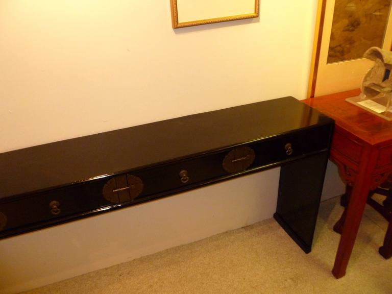 Black Lacquer Console Table with Four Drawers and Brass Fitting For